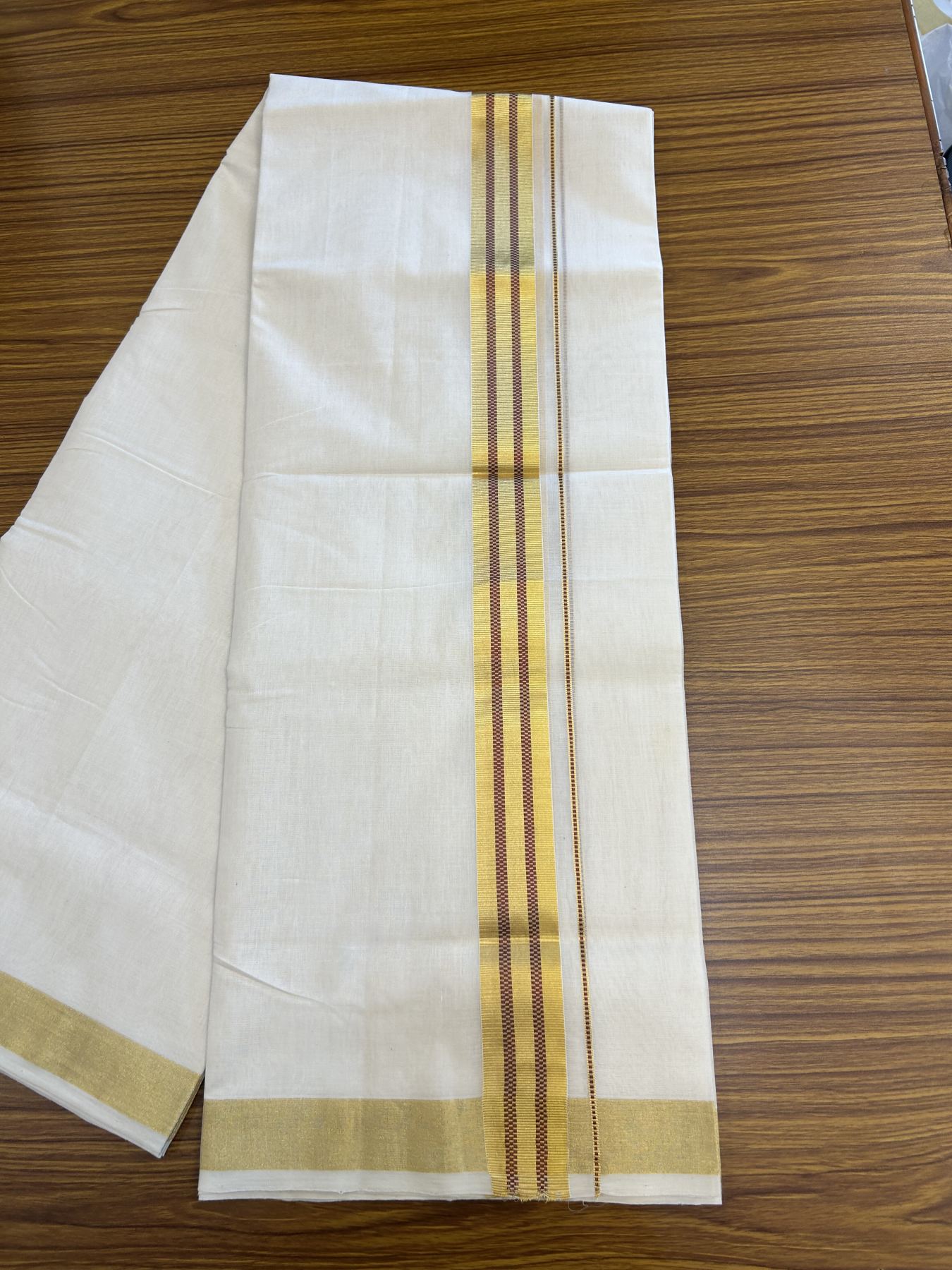 25% Discount ! KaithariKada Handloom Unakkupaav  Kerala Handloom - Pure Cotton Off White - (Unbleached) Double Mundu/Dhoti - (100X80) - 1.5 inch Gold Kasav & Maroon Jacquard Design Kara - 4 mtr (8.5 Muzham)- 14 KK5342 ABH