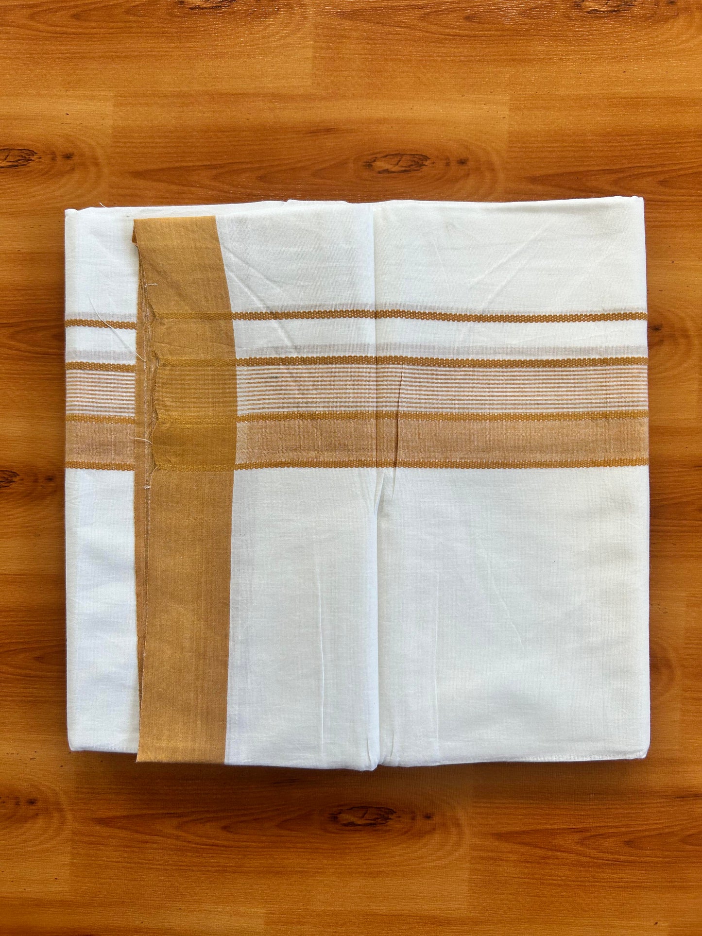 Pure White Double Mundu/Dhoti - 20% Discount ! Kaitharikada Balaramapuram 100% Cotton - 100x80 - 1.5 inch Dark Orange Shaded Stripes Kara 3.80 mtr (8 muzham) - 104 KK5452 THI