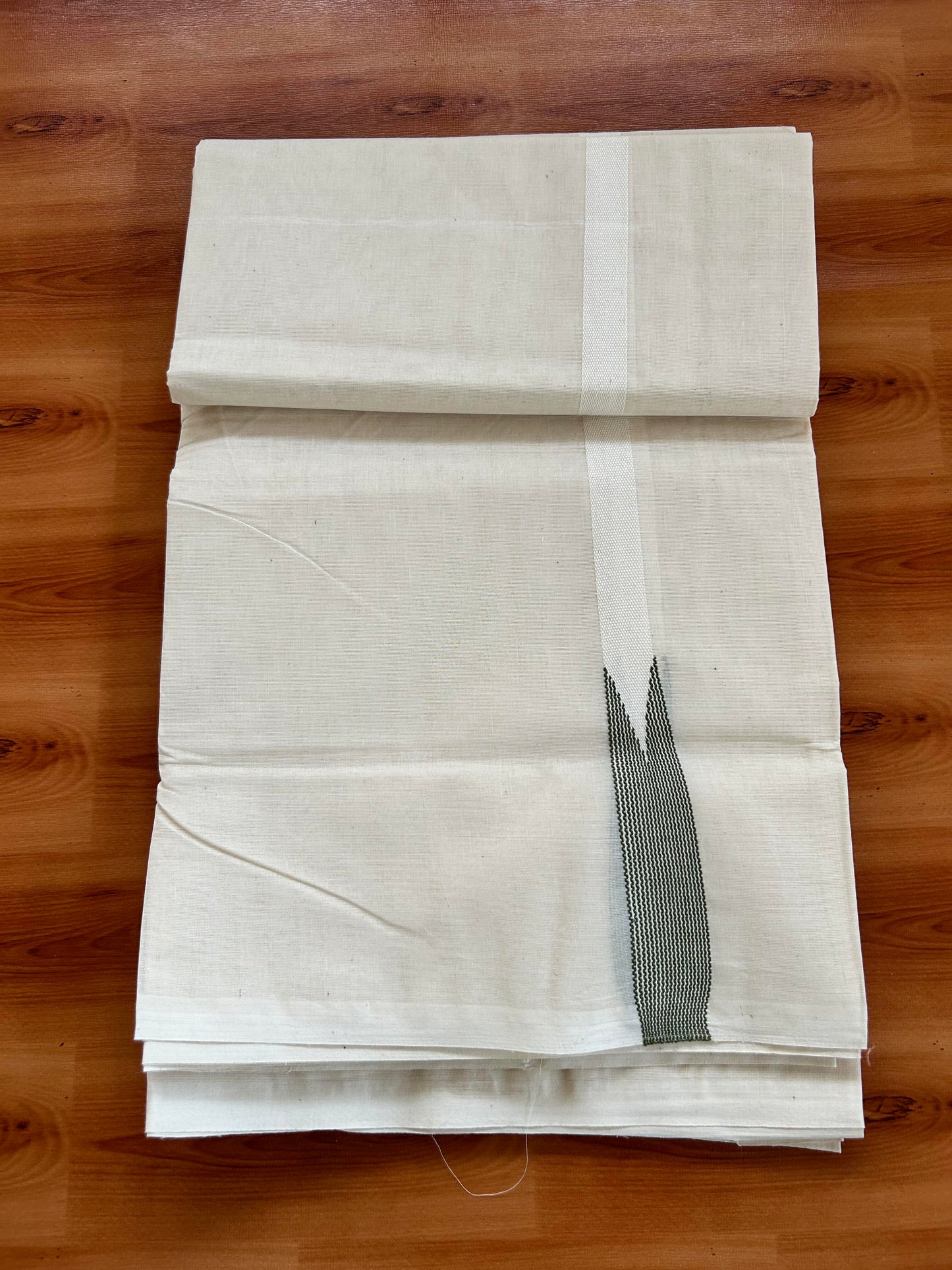 Double Off white Mundu/Dhoti - 23% Discount! KaithariKada Balaramapuram 100% Cotton - 100x100 - 0.5 inch Puliyilakkara Light Green Striped Chutty Kara - 4 mtr (8.5 muzham) - 19 KK5401 ASH