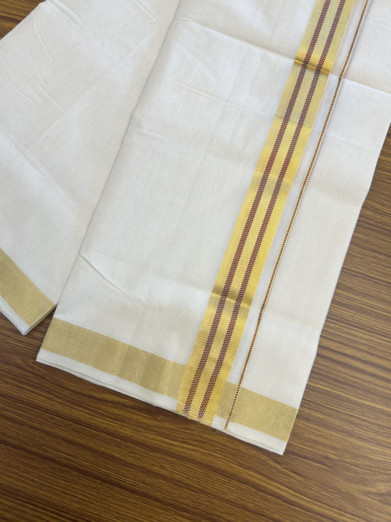 25% Discount ! KaithariKada Handloom Unakkupaav  Kerala Handloom - Pure Cotton Off White - (Unbleached) Double Mundu/Dhoti - (100X80) - 1.5 inch Gold Kasav & Maroon Jacquard Design Kara - 4 mtr (8.5 Muzham)- 14 KK5342 ABH