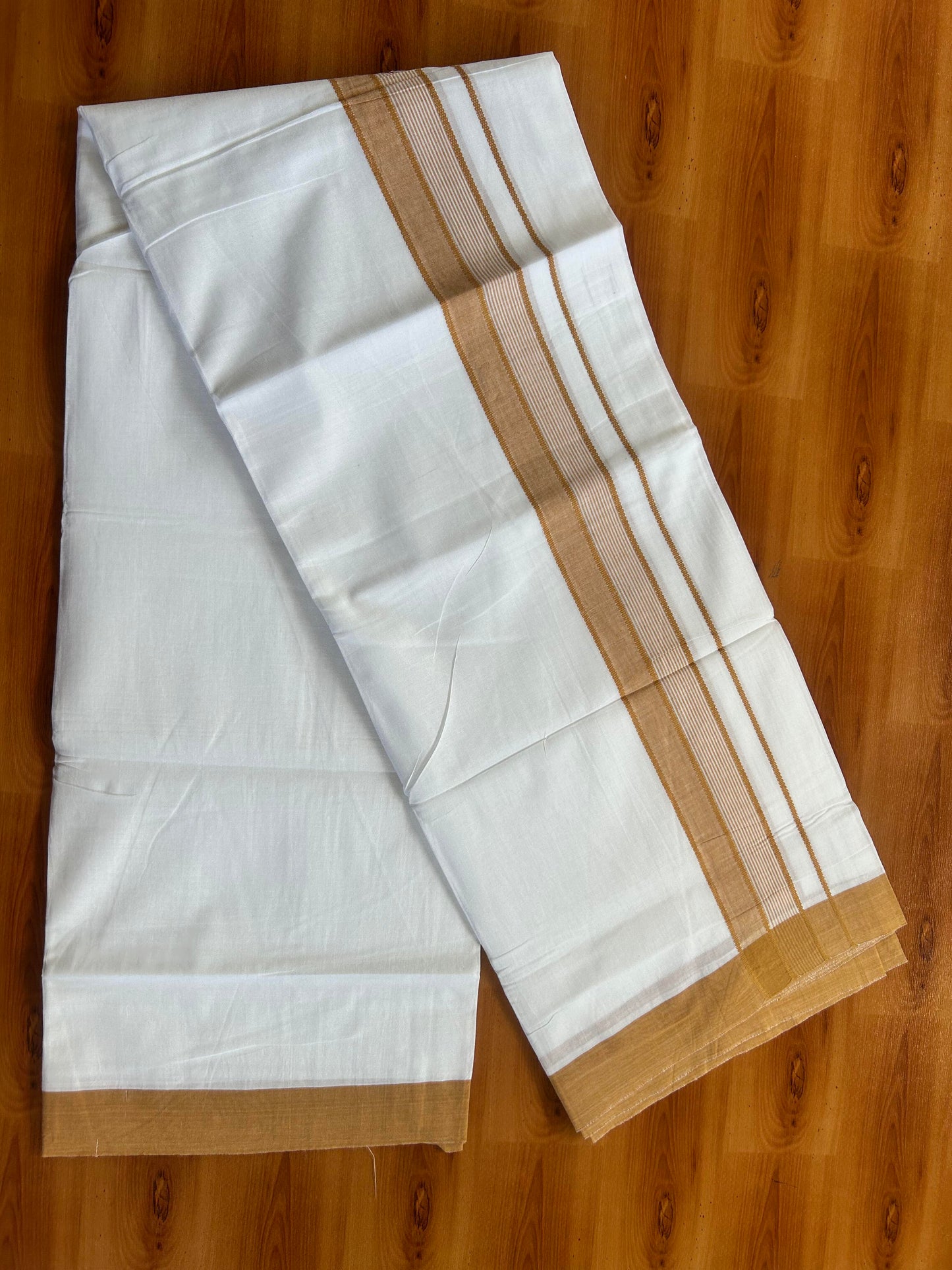 Pure White Double Mundu/Dhoti - 20% Discount ! Kaitharikada Balaramapuram 100% Cotton - 100x80 - 1.5 inch Dark Orange Shaded Stripes Kara 3.80 mtr (8 muzham) - 104 KK5452 THI