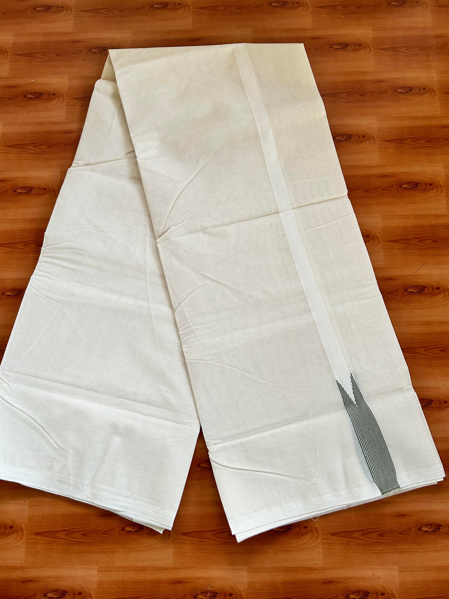Double Off white Mundu/Dhoti - 23% Discount! KaithariKada Balaramapuram 100% Cotton - 100x100 - 0.5 inch Puliyilakkara Light Green Striped Chutty Kara - 4 mtr (8.5 muzham) - 19 KK5401 ASH