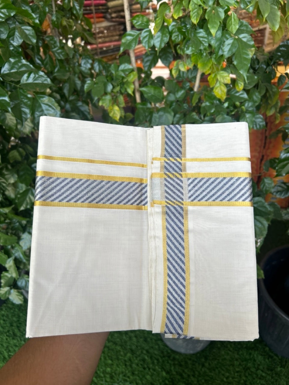 25% Discount ! Kaitharikada Handloom Unakkupaav Balaramapuram - 100% Pure Cotton Off White - (Unbleached) Double Mundu/Dhoti - 80x90 - 1.75 inch Gold Kasavu & Ash Blue Jacquard Design Kara 4 mtr (8.5 Muzham) -  3 KK5266 YAR