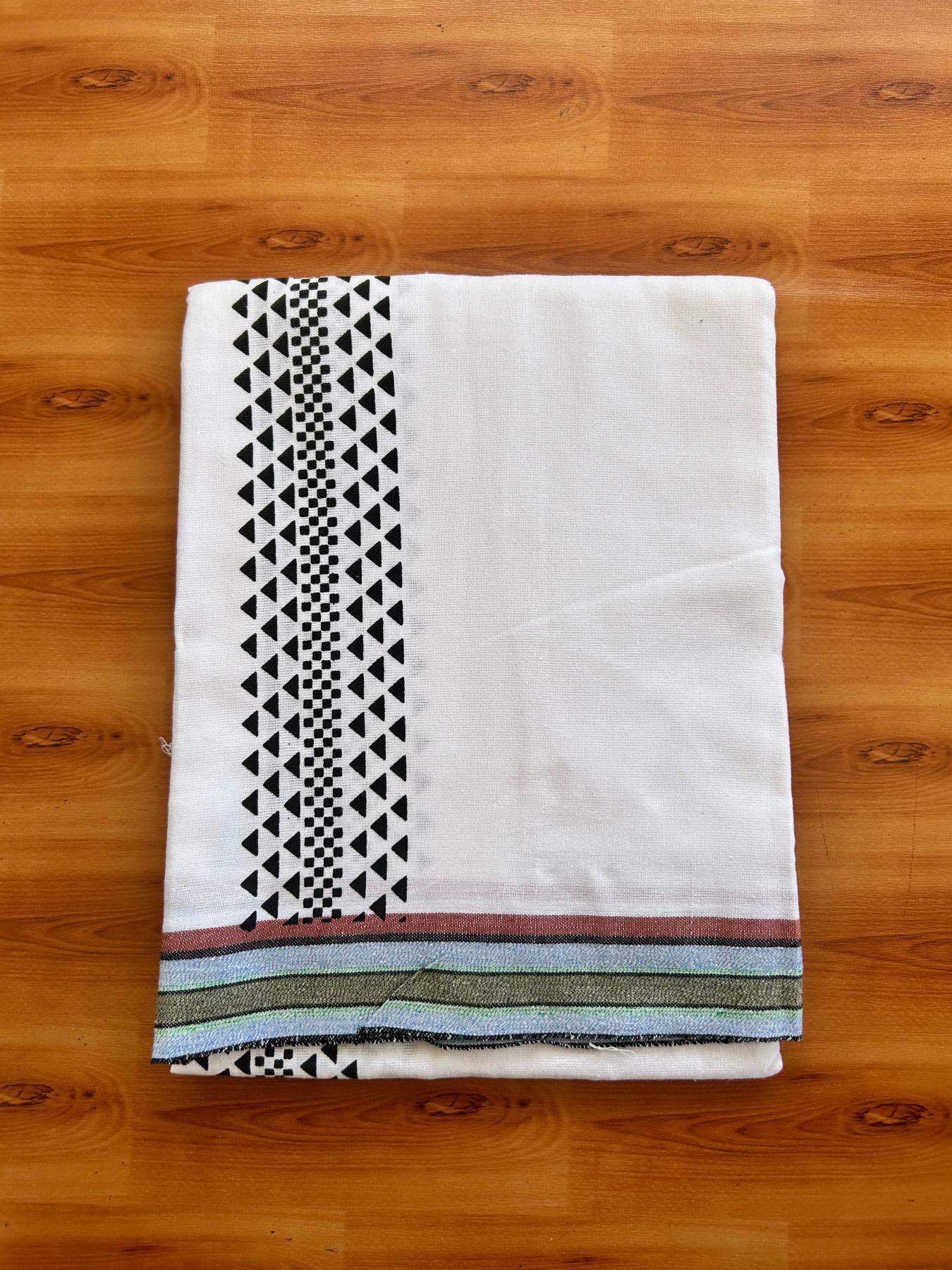 Kaitharikada - Single Kaily / Lungi - Mixed Cotton - 40s twisted - 2.5 inch Black Printed kara with White colour body (2 meter / 4 muzham) - 14 KK8074 SAT