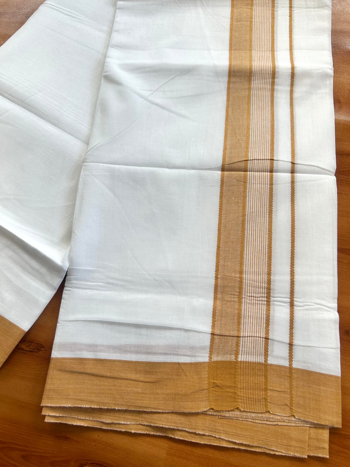 Pure White Double Mundu/Dhoti - 20% Discount ! Kaitharikada Balaramapuram 100% Cotton - 100x80 - 1.5 inch Dark Orange Shaded Stripes Kara 3.80 mtr (8 muzham) - 104 KK5452 THI