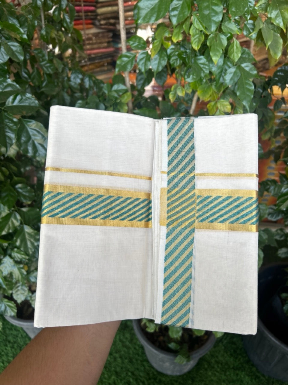 25% Discount ! Kaitharikada Handloom Unakkupaav Balaramapuram - 100% Pure Cotton Off White - (Unbleached) Double Mundu/Dhoti - 80x90 - 1.75 inch Gold Kasav & Blue Green Jacquard Design Kara 4 mtr (8.5 Muzham) -  2 KK5266 YAR