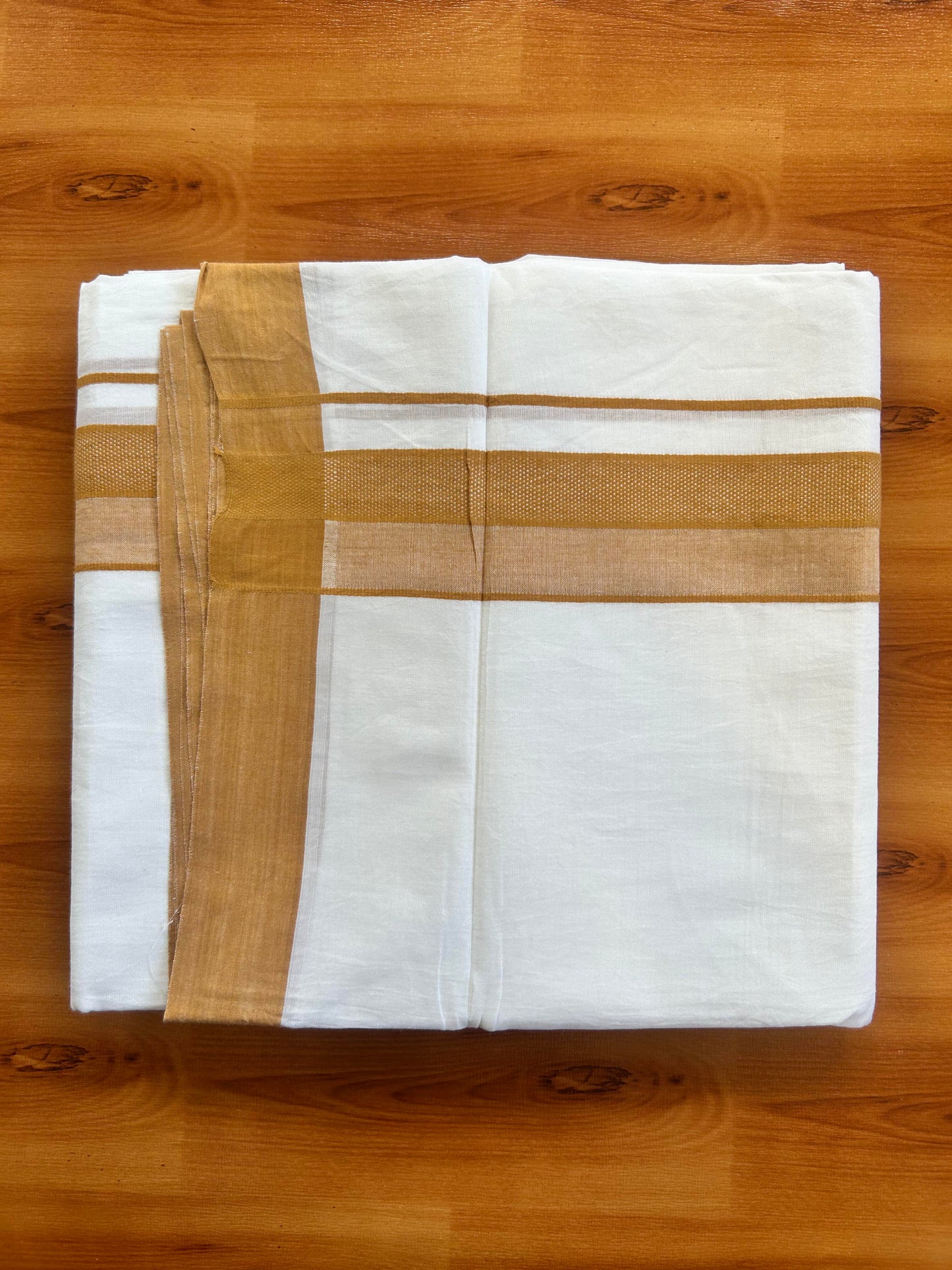 Pure White Double Mundu/Dhoti - 20% Discount ! Kaitharikada Pure Cotton - 100x80 - 2 inch Brownish Orange Shaded Design Kara 3.80 mtr (8 muzham) - 120 KK5452 THI