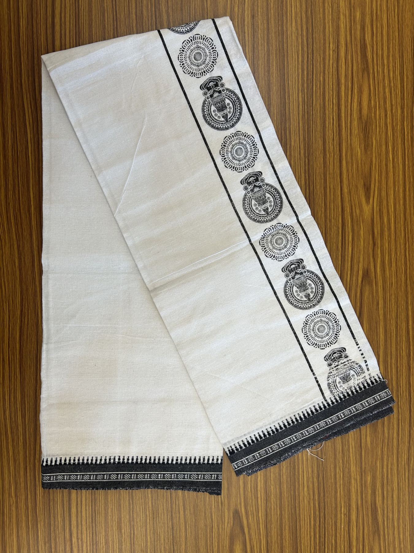 Kaitharikada - Polyster + Cotton - 40s twisted - Pure white Single Kaily / Lungi - 2.75 inch Black Kadhakali Printed Kuppadam Border with White colour body (2 meter / 4 muzham) -  4 KK8041 GAN