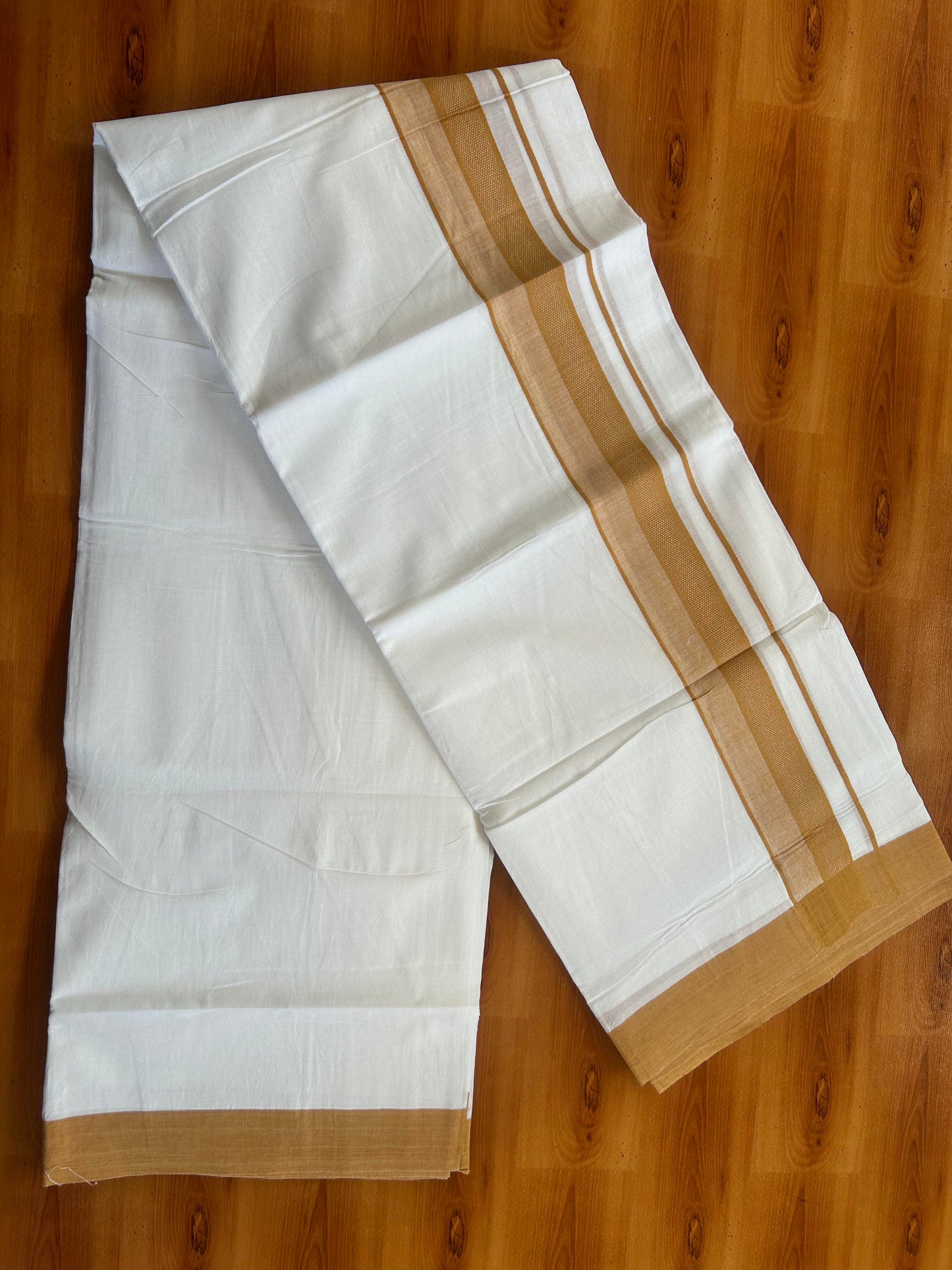 Pure White Double Mundu/Dhoti - 20% Discount ! Kaitharikada Pure Cotton - 100x80 - 2 inch Brownish Orange Shaded Design Kara 3.80 mtr (8 muzham) - 120 KK5452 THI