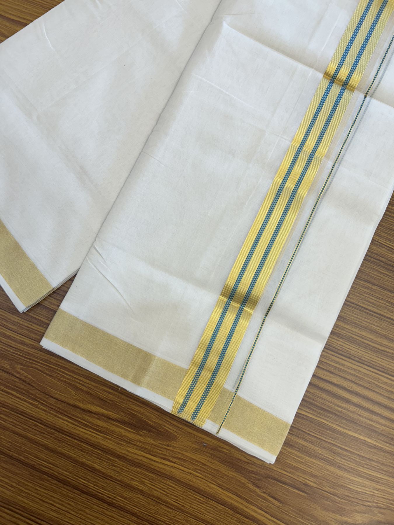 25% Discount ! KaithariKada Handloom Unakkupaav  Kerala Handloom - Pure Cotton Off White - (Unbleached) Double Mundu/Dhoti - (100X80) - 1.5 inch Gold Kasav & Peacock Blue Jacquard Design Kara - 4 mtr (8.5 Muzham)- 15 KK5342 ABH