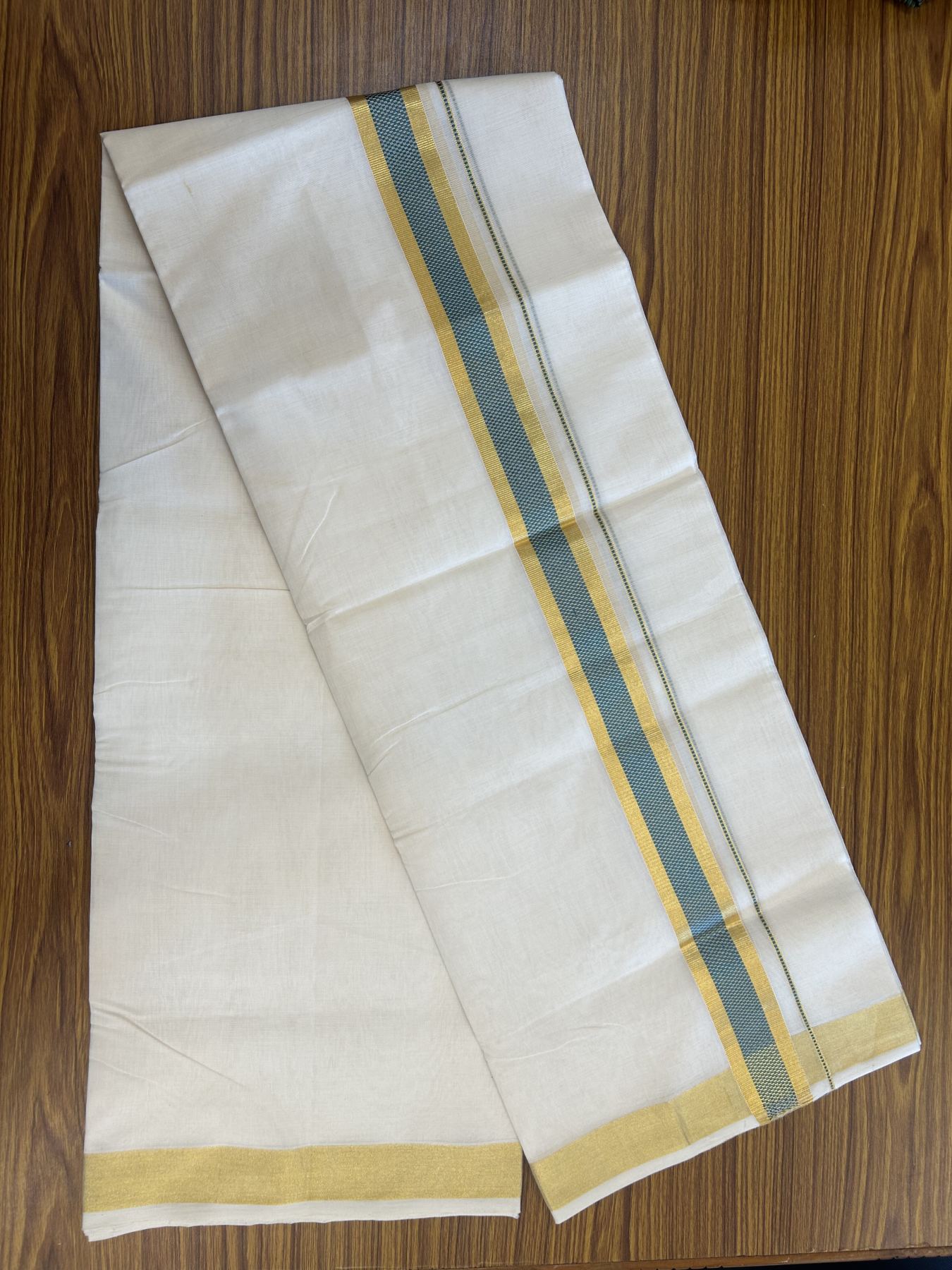 25% Discount ! KaithariKada Handloom Unakkupaav  Kerala Handloom - Pure Cotton Off White - (Unbleached) Double Mundu/Dhoti - (100X80) - 1.5 inch Gold Kasav & Peacock Blue Jacquard Design Kara - 4 mtr (8.5 Muzham)- 16 KK5342 ABH