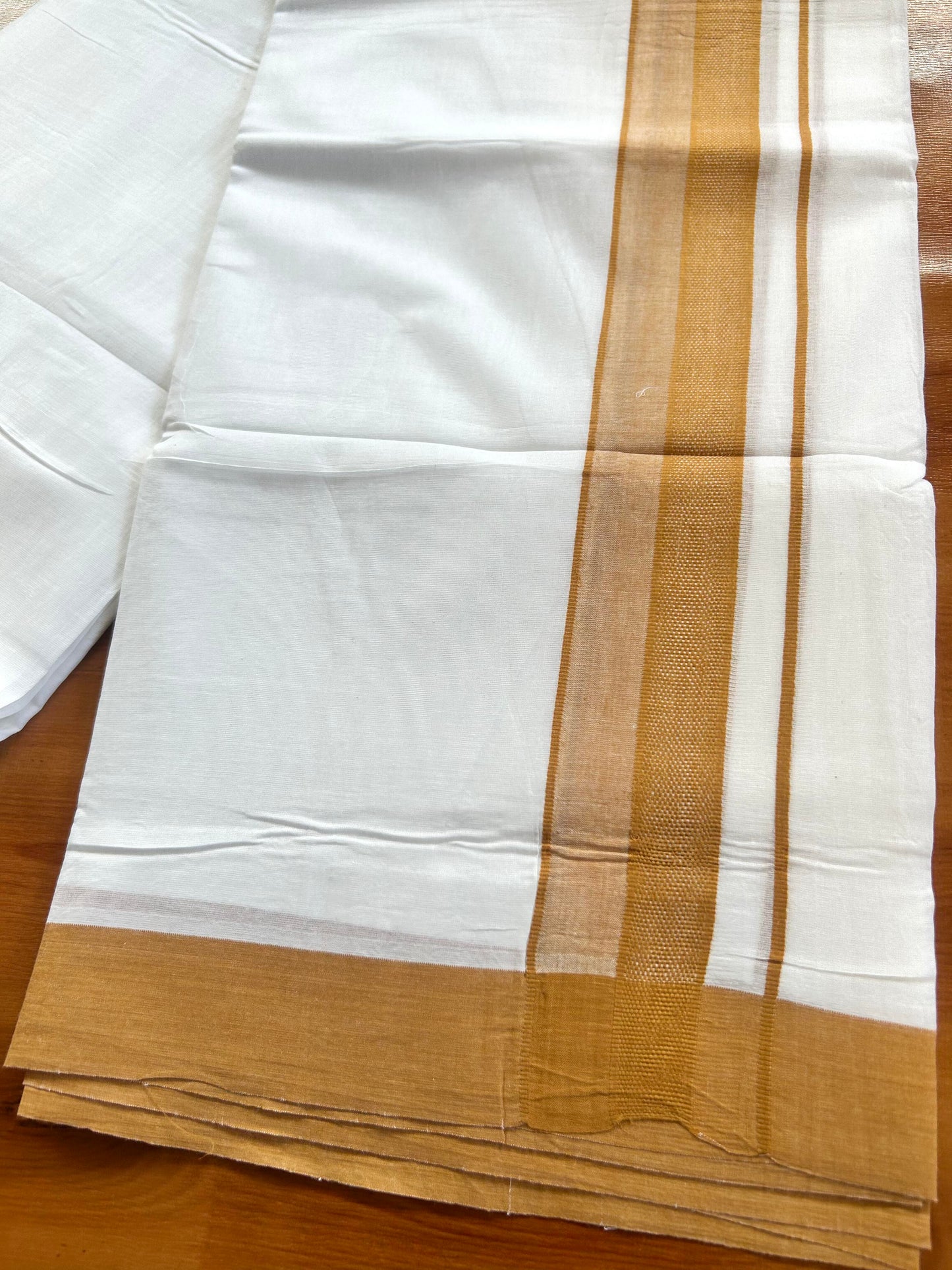 Pure White Double Mundu/Dhoti - 20% Discount ! Kaitharikada Pure Cotton - 100x80 - 2 inch Brownish Orange Shaded Design Kara 3.80 mtr (8 muzham) - 120 KK5452 THI