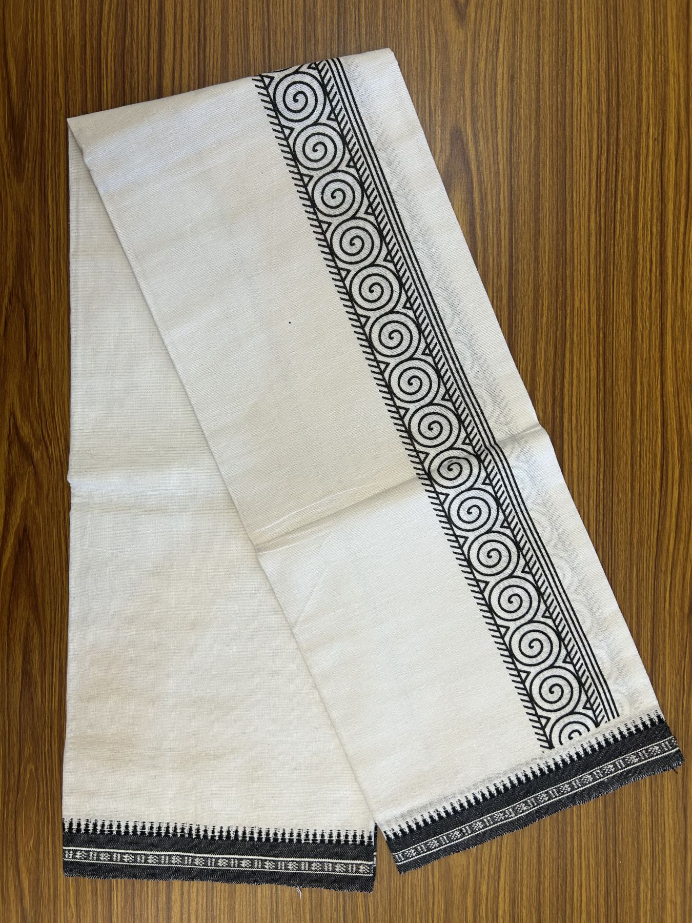 Kaitharikada - Polyster + Cotton - 40s twisted - Pure white Single Kaily / Lungi - 2.5 inch Black  Printed Kuppadam Border with White colour body (2 meter / 4 muzham) -  5 KK8041 GAN