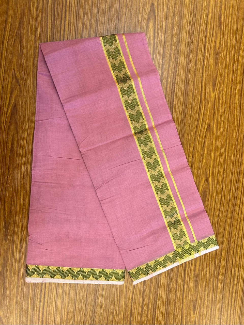 25% Discount! KaithariKada Handloom Unakkupaav Balaramapuram - 100% Cotton Double Mundu/Dhoti - Dark Onion Pink Colour Body - 1.75 inch Gold Kasav & Green Jacquard Design Kara - 4 KK5267 ABH
