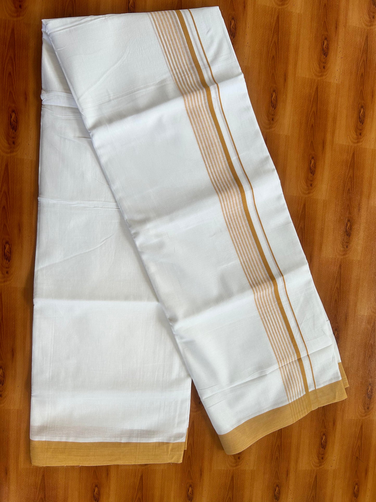 Pure White Double Mundu/Dhoti - 20% Discount ! Kaitharikada Balaramapuram 100% Cotton - 100x80 - 1.5 inch Peach Orange Stripes Kara 3.80 mtr (8 muzham) - 100 KK5452 THI