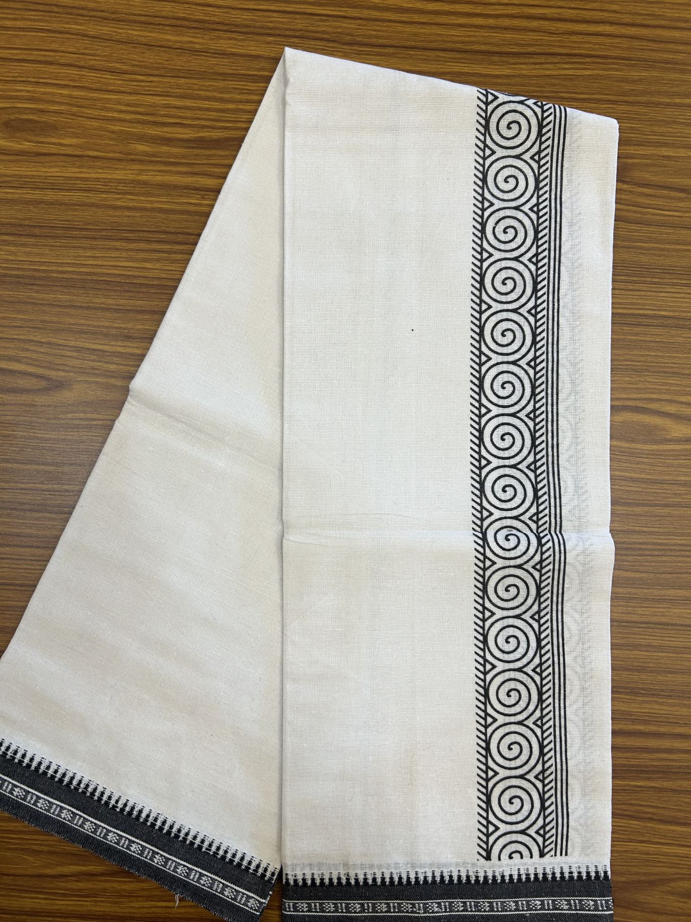 Kaitharikada - Polyster + Cotton - 40s twisted - Pure white Single Kaily / Lungi - 2.5 inch Black  Printed Kuppadam Border with White colour body (2 meter / 4 muzham) -  5 KK8041 GAN