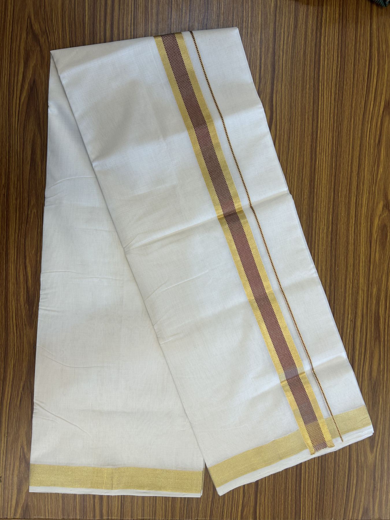 25% Discount ! KaithariKada Handloom Unakkupaav  Kerala Handloom - Pure Cotton Off White - (Unbleached) Double Mundu/Dhoti - (100X80) - 1.5 inch Gold Kasav & Maroon Jacquard Design Kara - 4 mtr (8.5 Muzham)- 17 KK5342 ABH