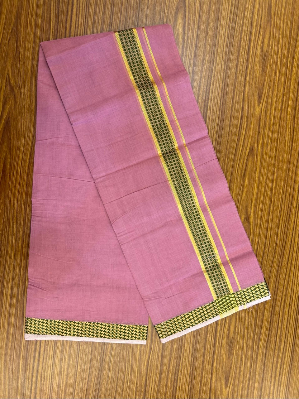 25% Discount! KaithariKada Handloom Unakkupaav Balaramapuram - 100% Cotton Double Mundu/Dhoti - Dark Onion Pink Colour Body - 1.75 inch Gold Kasav & Green Jacquard Design Kara - 7 KK5267 ABH