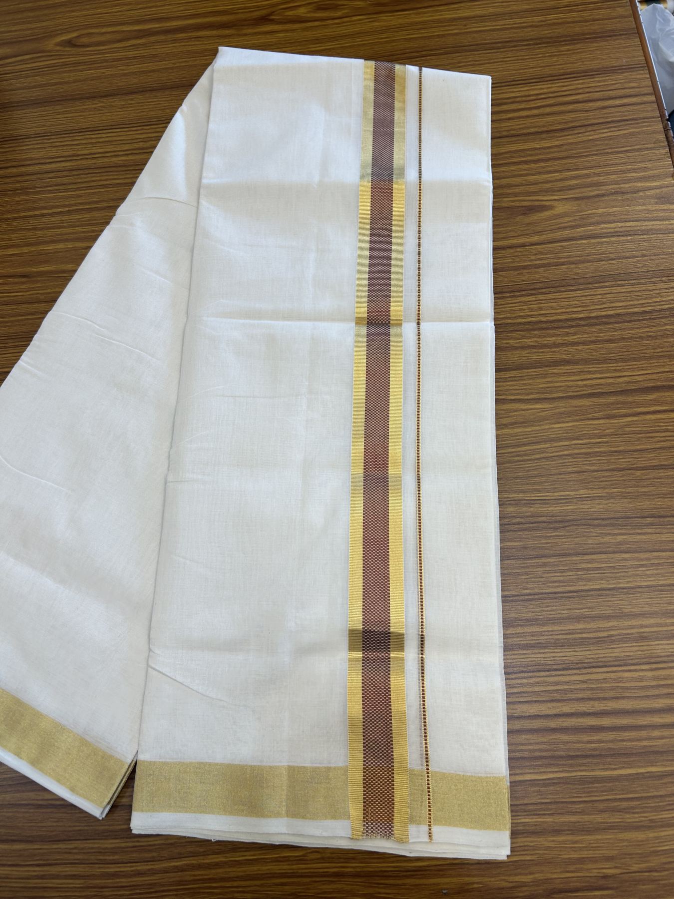 25% Discount ! KaithariKada Handloom Unakkupaav  Kerala Handloom - Pure Cotton Off White - (Unbleached) Double Mundu/Dhoti - (100X80) - 1.5 inch Gold Kasav & Maroon Jacquard Design Kara - 4 mtr (8.5 Muzham)- 17 KK5342 ABH