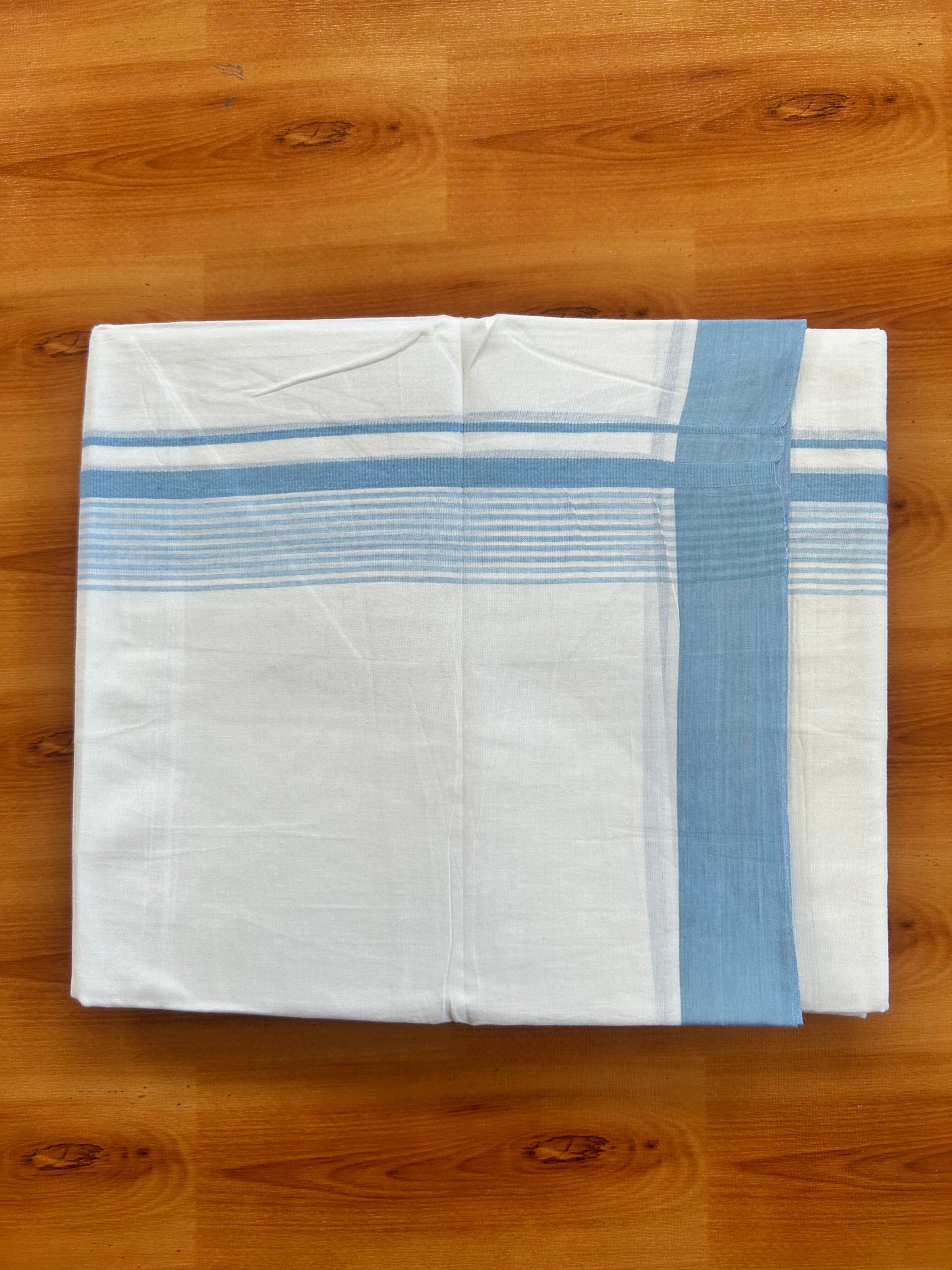 Pure White Double Mundu/Dhoti - 20% Discount ! Kaitharikada Balaramapuram 100% Cotton - 100x80 - 1.5 inch Light Blue Stripes Kara 3.80 mtr (8 muzham) - 101 KK5452 THI