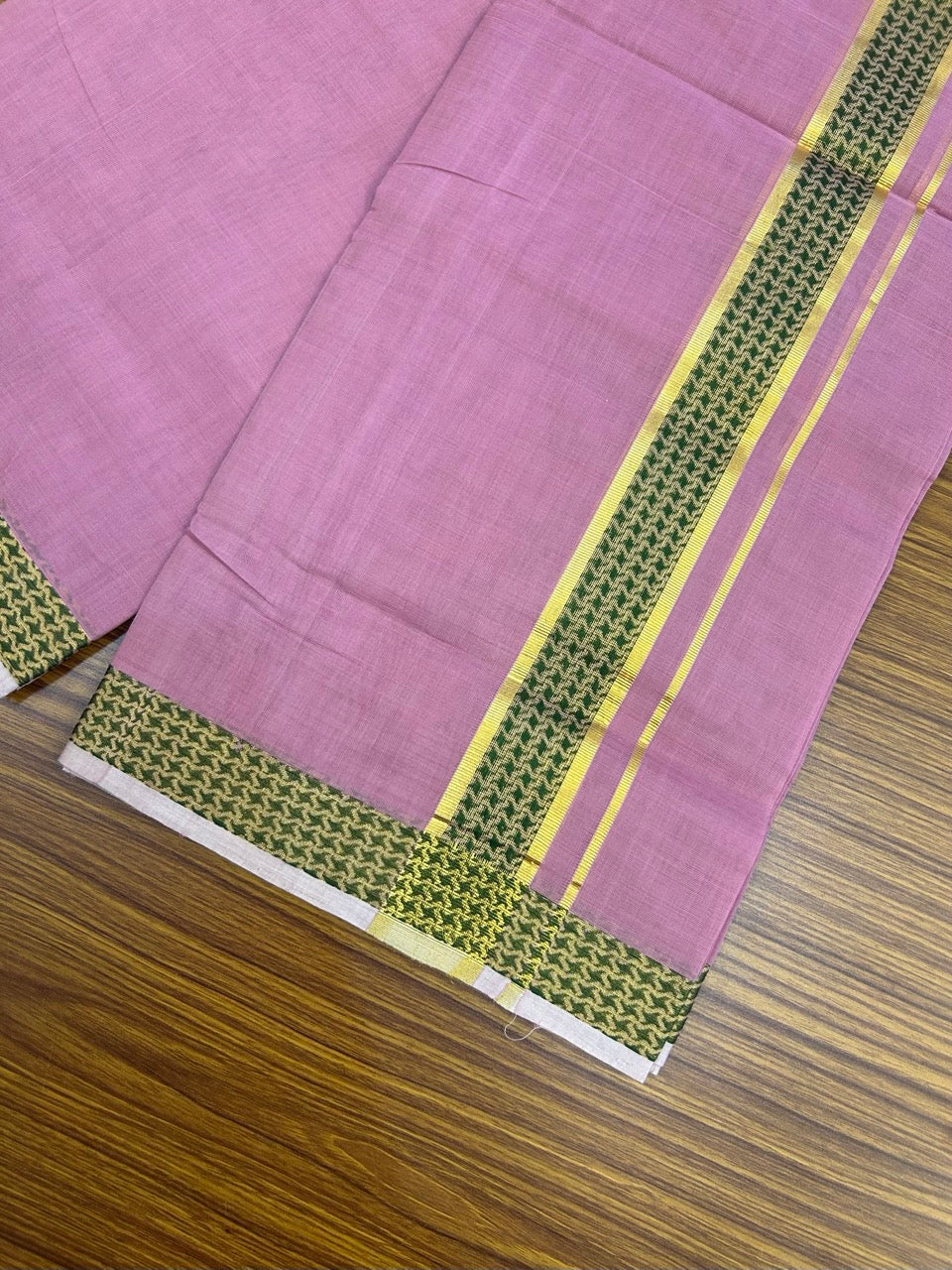 25% Discount! KaithariKada Handloom Unakkupaav Balaramapuram - 100% Cotton Double Mundu/Dhoti - Dark Onion Pink Colour Body - 1.75 inch Gold Kasav & Green Jacquard Design Kara - 7 KK5267 ABH
