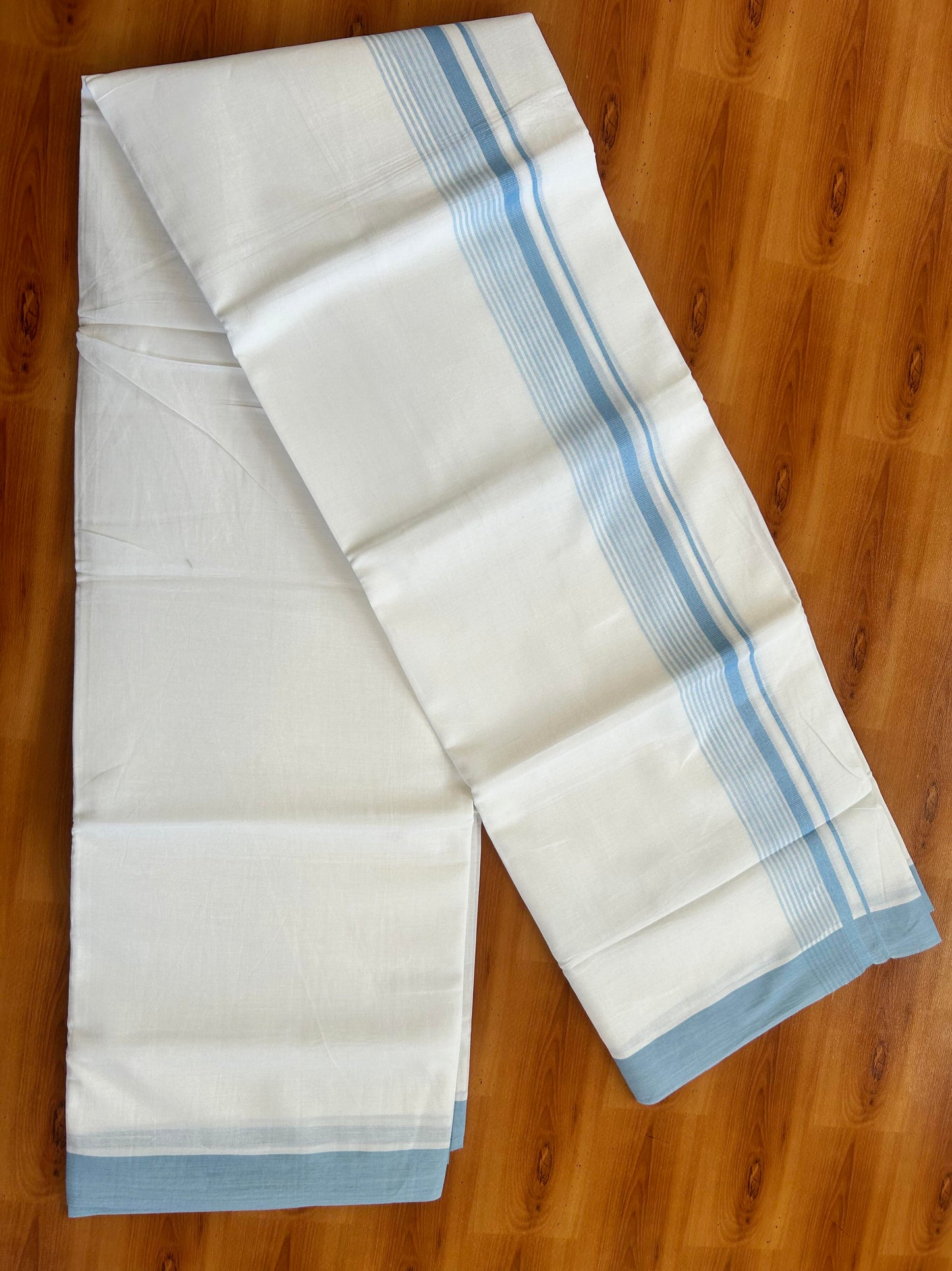 Pure White Double Mundu/Dhoti - 20% Discount ! Kaitharikada Balaramapuram 100% Cotton - 100x80 - 1.5 inch Light Blue Stripes Kara 3.80 mtr (8 muzham) - 101 KK5452 THI
