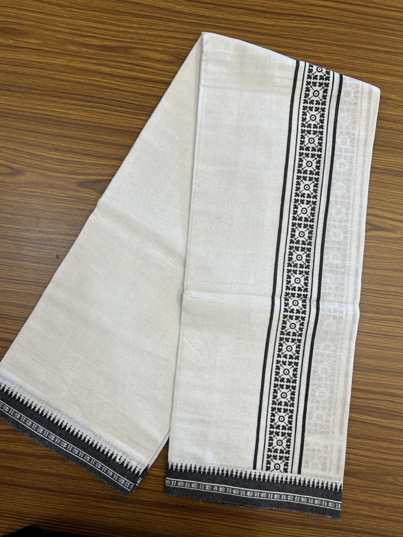 Kaitharikada - Polyster + Cotton - 40s twisted - Pure white Single Kaily / Lungi - 2.5 inch Black  Printed Kuppadam Border with White colour body (2 meter / 4 muzham) -  6 KK8041 GAN