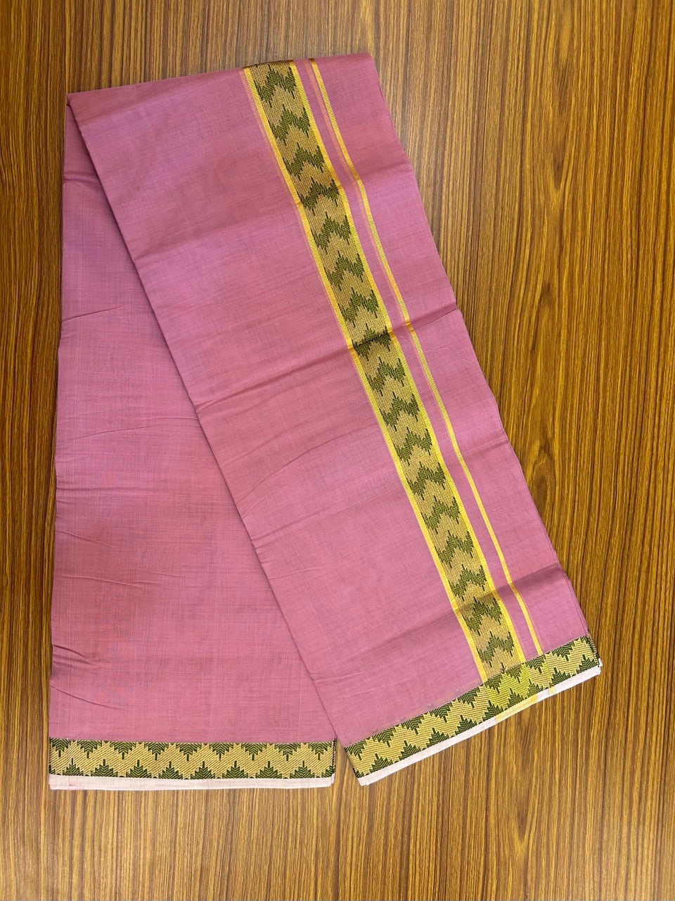 25% Discount! KaithariKada Handloom Unakkupaav Balaramapuram - 100% Cotton Double Mundu/Dhoti - Dark Onion Pink Colour Body - 1.75 inch Gold Kasav & Green Jacquard Design Kara - 8 KK5267 ABH
