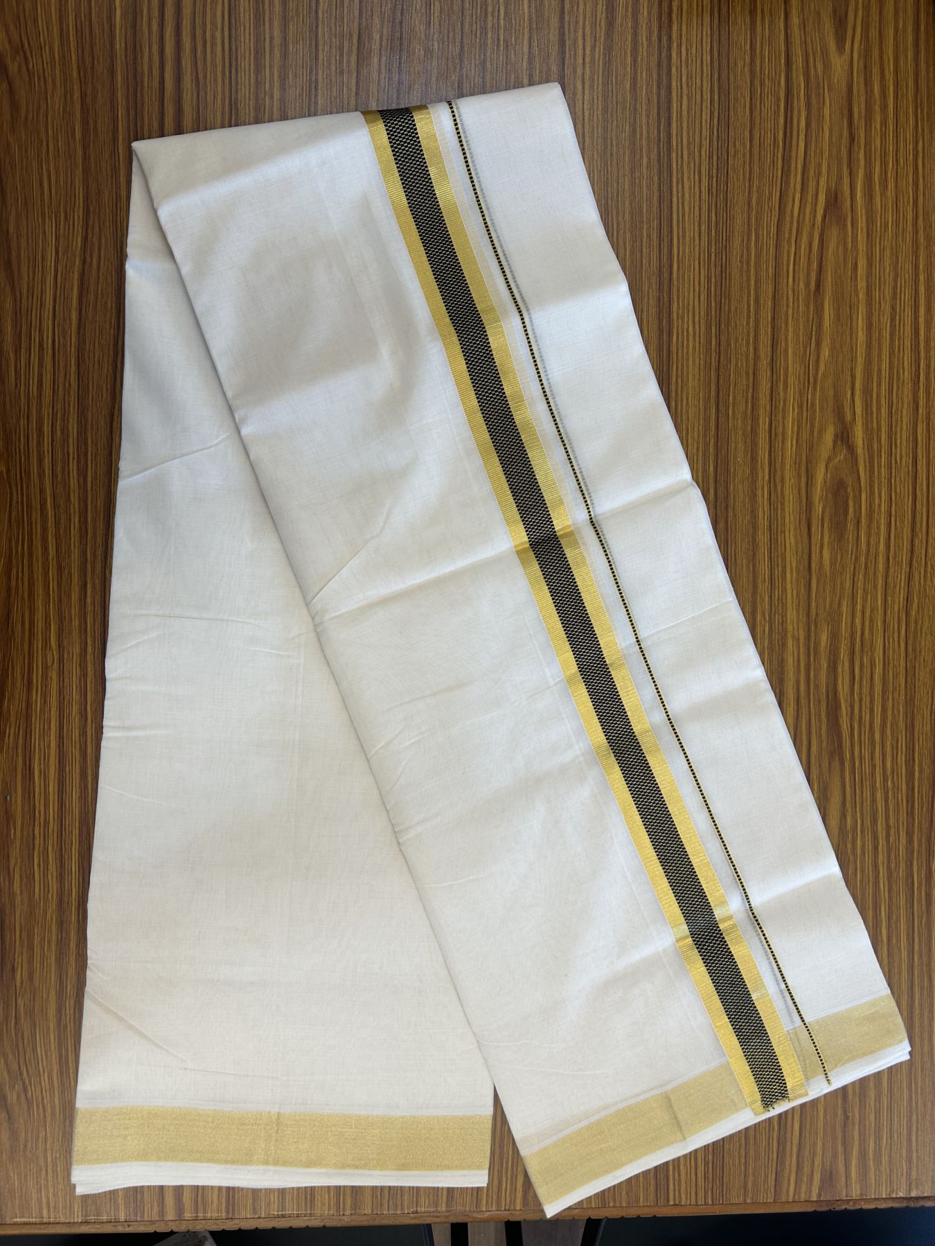 25% Discount ! KaithariKada Handloom Unakkupaav  Kerala Handloom - Pure Cotton Off White - (Unbleached) Double Mundu/Dhoti - (100X80) - 1.5 inch Gold Kasav & Black Jacquard Design Kara - 4 mtr (8.5 Muzham)- 18 KK5342 ABH