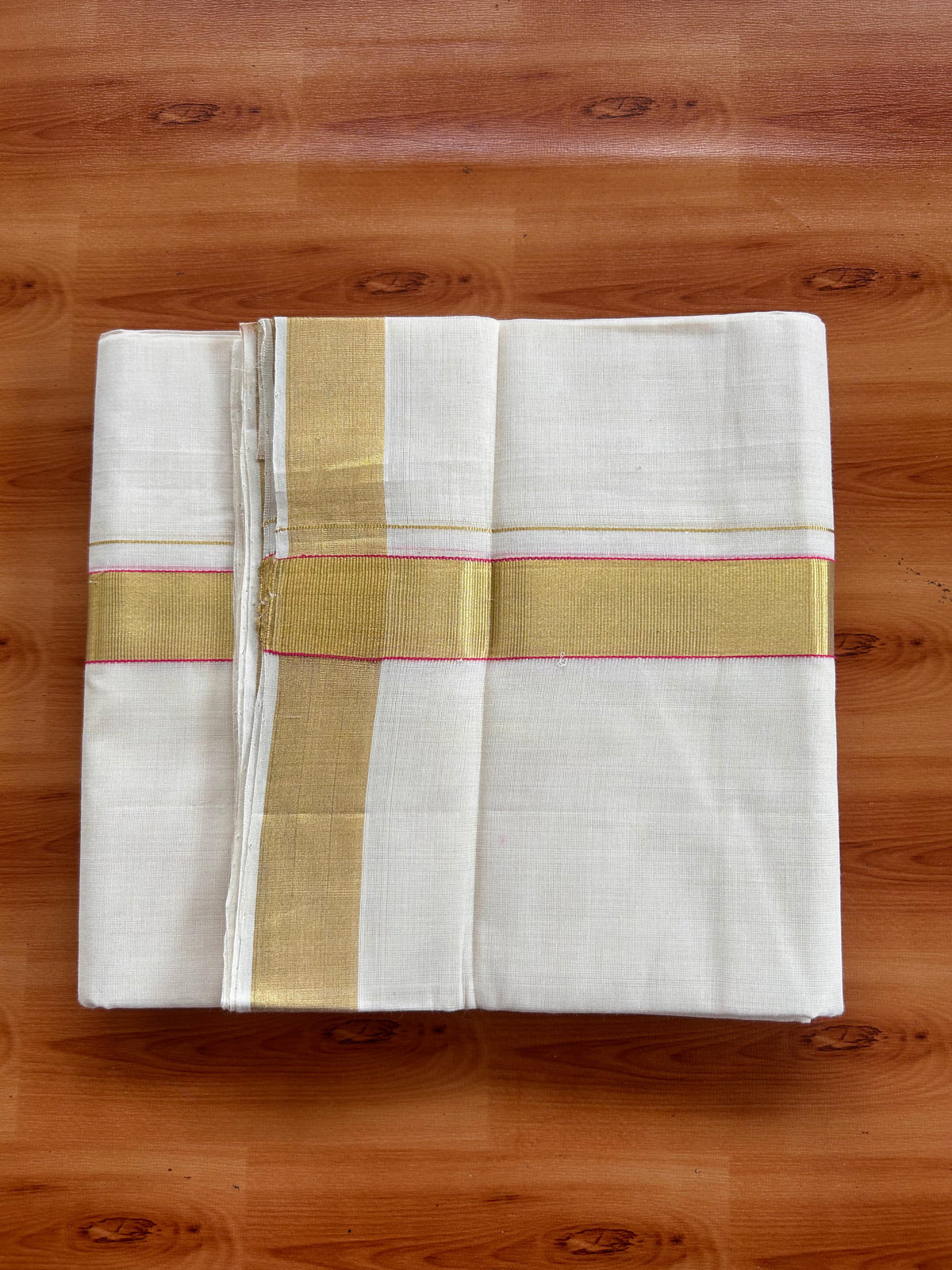 25% Discount KaithariKada Handloom Unakkupaav - Kerala Handloom - 100% Pure Cotton off white (Unbleached) Double Mundu/Dhoti - (80X90) - 1.25 inch Gold Kasav & Pink  Kara 3.75 mtr (8 muzham) - 1 KK5524 ELA
