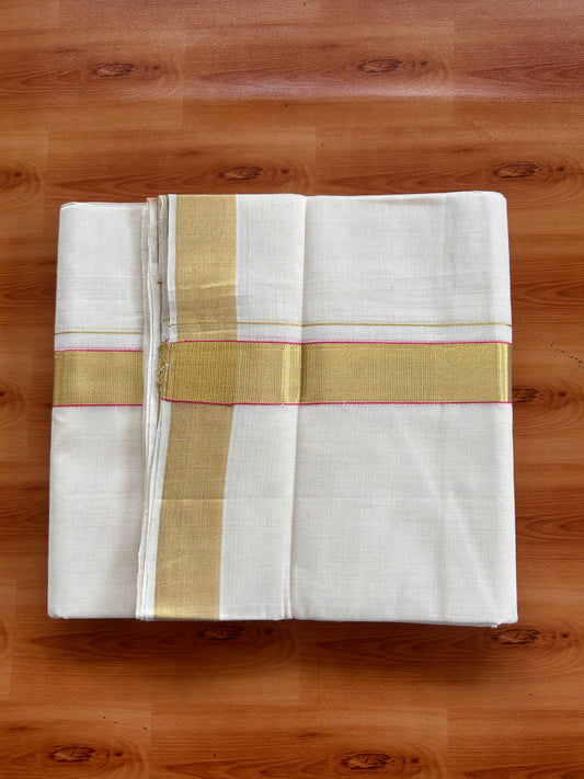 25% Discount KaithariKada Handloom Unakkupaav - Kerala Handloom - 100% Pure Cotton off white (Unbleached) Double Mundu/Dhoti - (80X90) - 1.25 inch Gold Kasav & Pink  Kara 3.75 mtr (8 muzham) - 1 KK5524 ELA