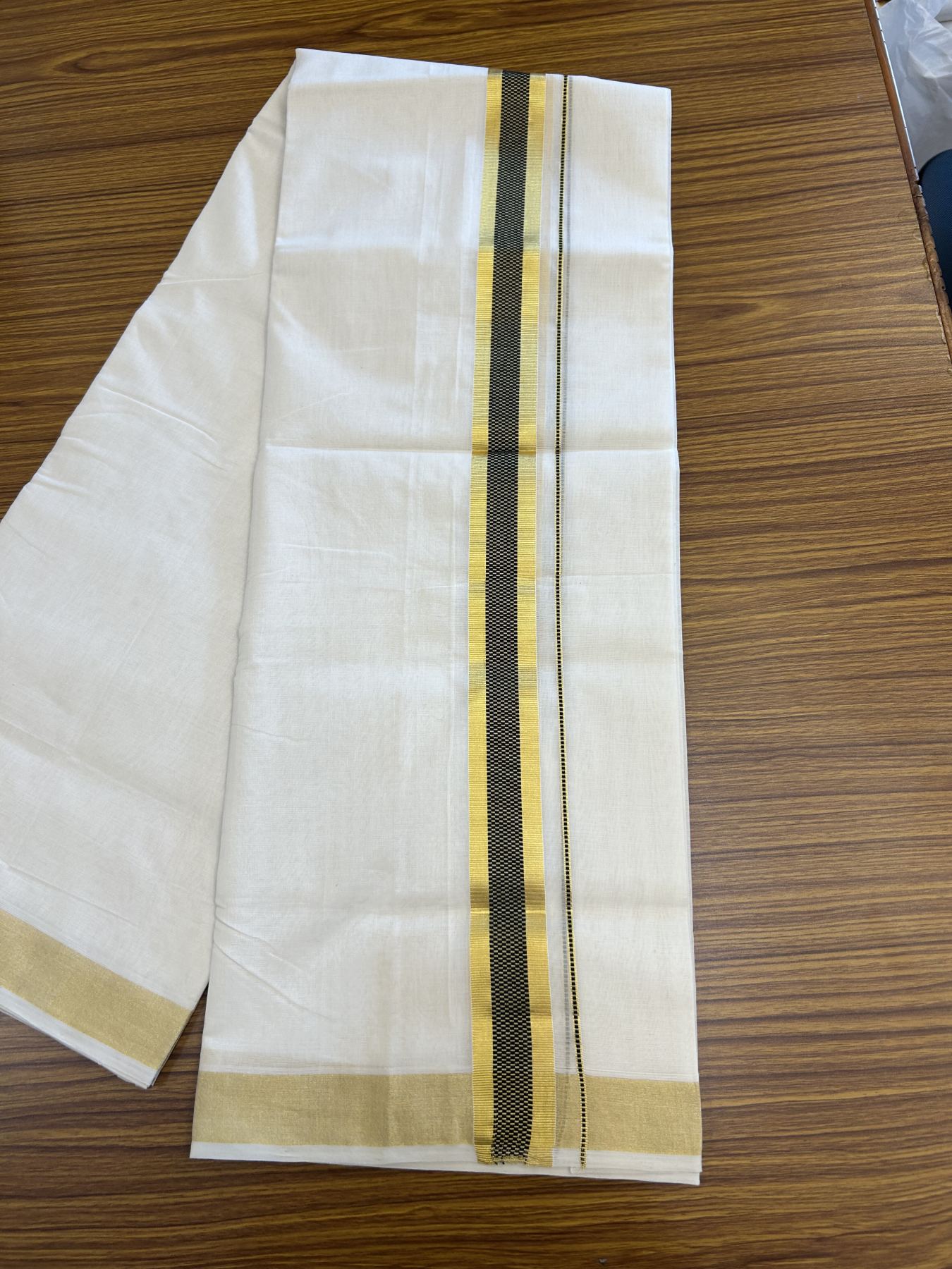 25% Discount ! KaithariKada Handloom Unakkupaav  Kerala Handloom - Pure Cotton Off White - (Unbleached) Double Mundu/Dhoti - (100X80) - 1.5 inch Gold Kasav & Black Jacquard Design Kara - 4 mtr (8.5 Muzham)- 18 KK5342 ABH