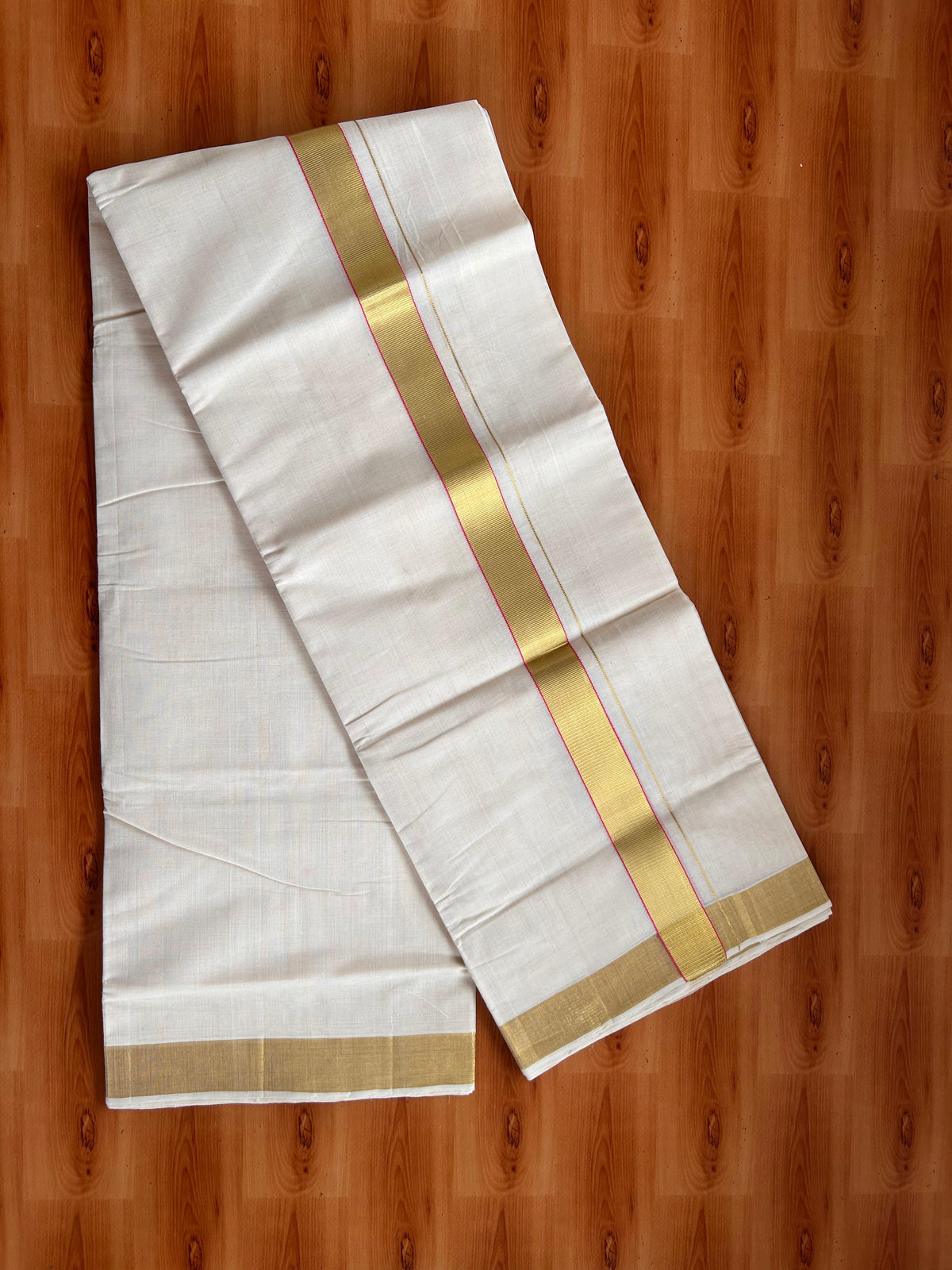 25% Discount KaithariKada Handloom Unakkupaav - Kerala Handloom - 100% Pure Cotton off white (Unbleached) Double Mundu/Dhoti - (80X90) - 1.25 inch Gold Kasav & Pink  Kara 3.75 mtr (8 muzham) - 1 KK5524 ELA
