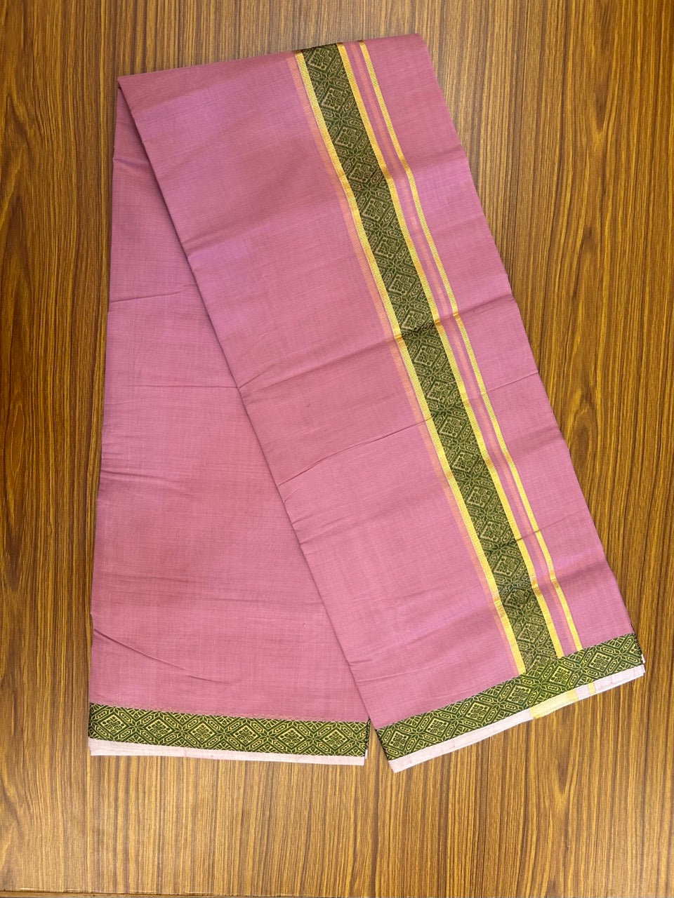25% Discount! KaithariKada Handloom Unakkupaav Balaramapuram - 100% Cotton Double Mundu/Dhoti - Dark Onion Pink Colour Body - 1.75 inch Gold Kasav & Green Jacquard Design Kara - 5 KK5267 ABH