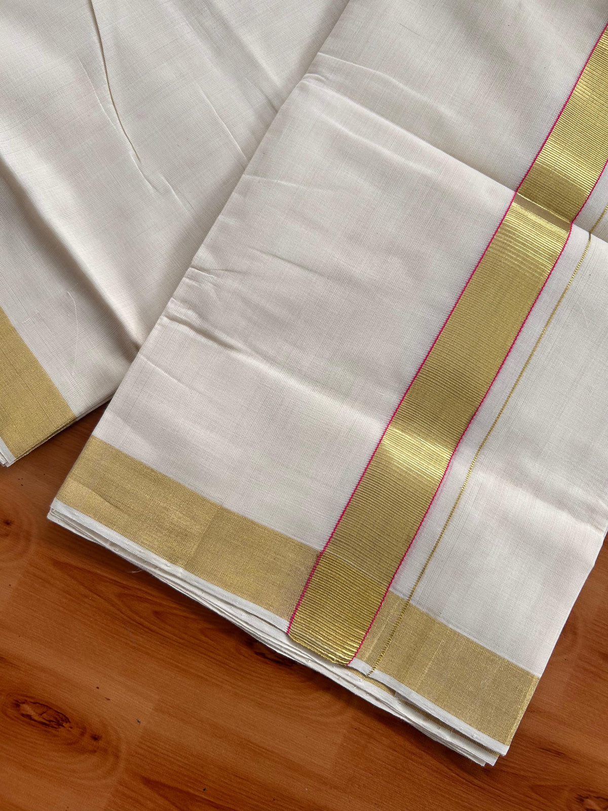 25% Discount KaithariKada Handloom Unakkupaav - Kerala Handloom - 100% Pure Cotton off white (Unbleached) Double Mundu/Dhoti - (80X90) - 1.25 inch Gold Kasav & Pink  Kara 3.75 mtr (8 muzham) - 1 KK5524 ELA