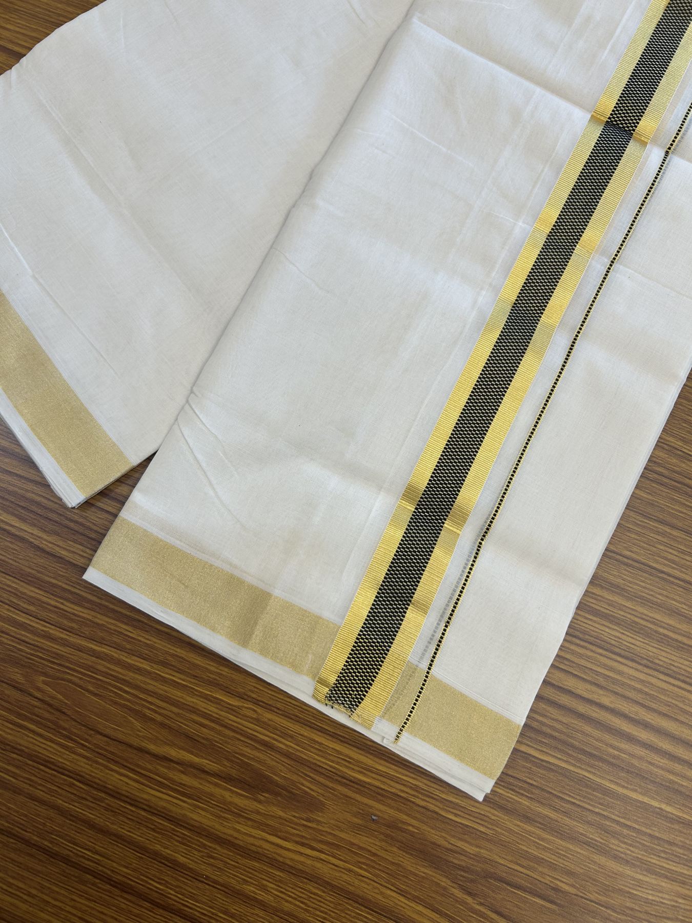 25% Discount ! KaithariKada Handloom Unakkupaav  Kerala Handloom - Pure Cotton Off White - (Unbleached) Double Mundu/Dhoti - (100X80) - 1.5 inch Gold Kasav & Black Jacquard Design Kara - 4 mtr (8.5 Muzham)- 18 KK5342 ABH