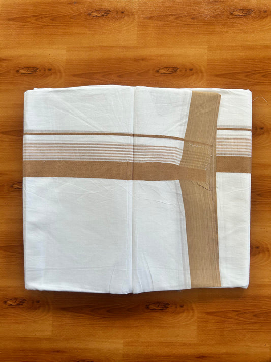 Pure White Double Mundu/Dhoti - 20% Discount ! Kaitharikada 100% Cotton - 100x80 - 1.5 inch Peach Brown Shaded Stripes Kara 3.80 mtr (8 muzham) - 103 KK5452 THI