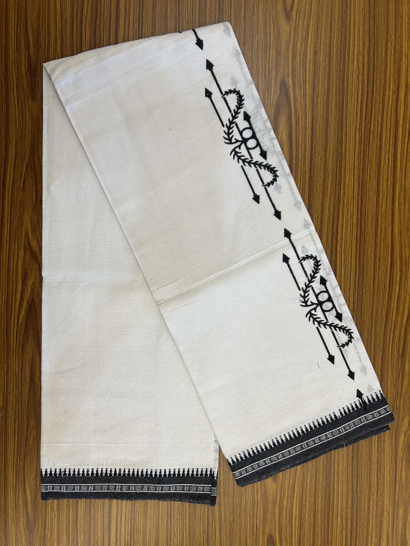 Kaitharikada - Polyster + Cotton - 40s twisted - Pure white Single Kaily / Lungi - 1.5 inch Black  Printed Kuppadam Border with White colour body (2 meter / 4 muzham) -  7 KK8041 GAN