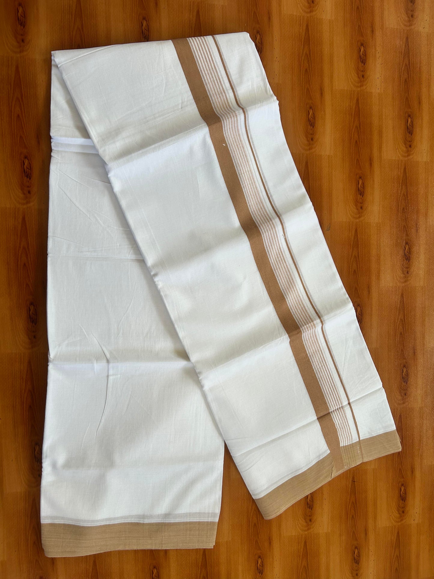 Pure White Double Mundu/Dhoti - 20% Discount ! Kaitharikada Balaramapuram 100% Cotton - 100x80 - 1.5 inch Peach Brown Shaded Stripes Kara 3.80 mtr (8 muzham) - 103 KK5452 THI