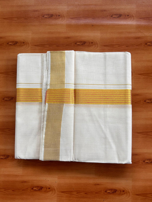 25% Discount KaithariKada Handloom Unakkupaav - Kerala Handloom - 100% Pure Cotton off white (Unbleached) Double Mundu/Dhoti - (80X90) - 1.25 inch Gold Kasav & Pink Striped Kara 3.75 mtr (8 muzham) - 2 KK5524 ELA