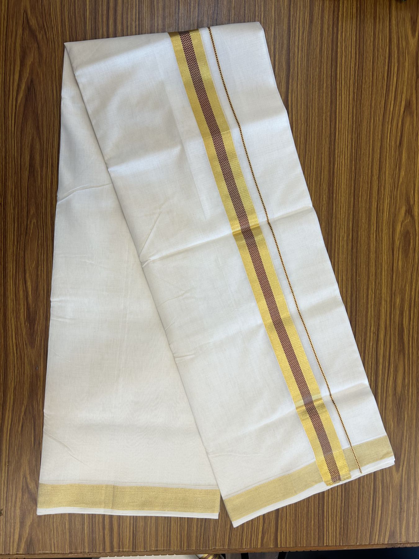 25% Discount ! KaithariKada Handloom Unakkupaav  Kerala Handloom - Pure Cotton Off White - (Unbleached) Double Mundu/Dhoti - (100X80) - 1.5 inch Gold Kasav & Maroon Jacquard Design Kara - 4 mtr (8.5 Muzham)- 19 KK5342 ABH