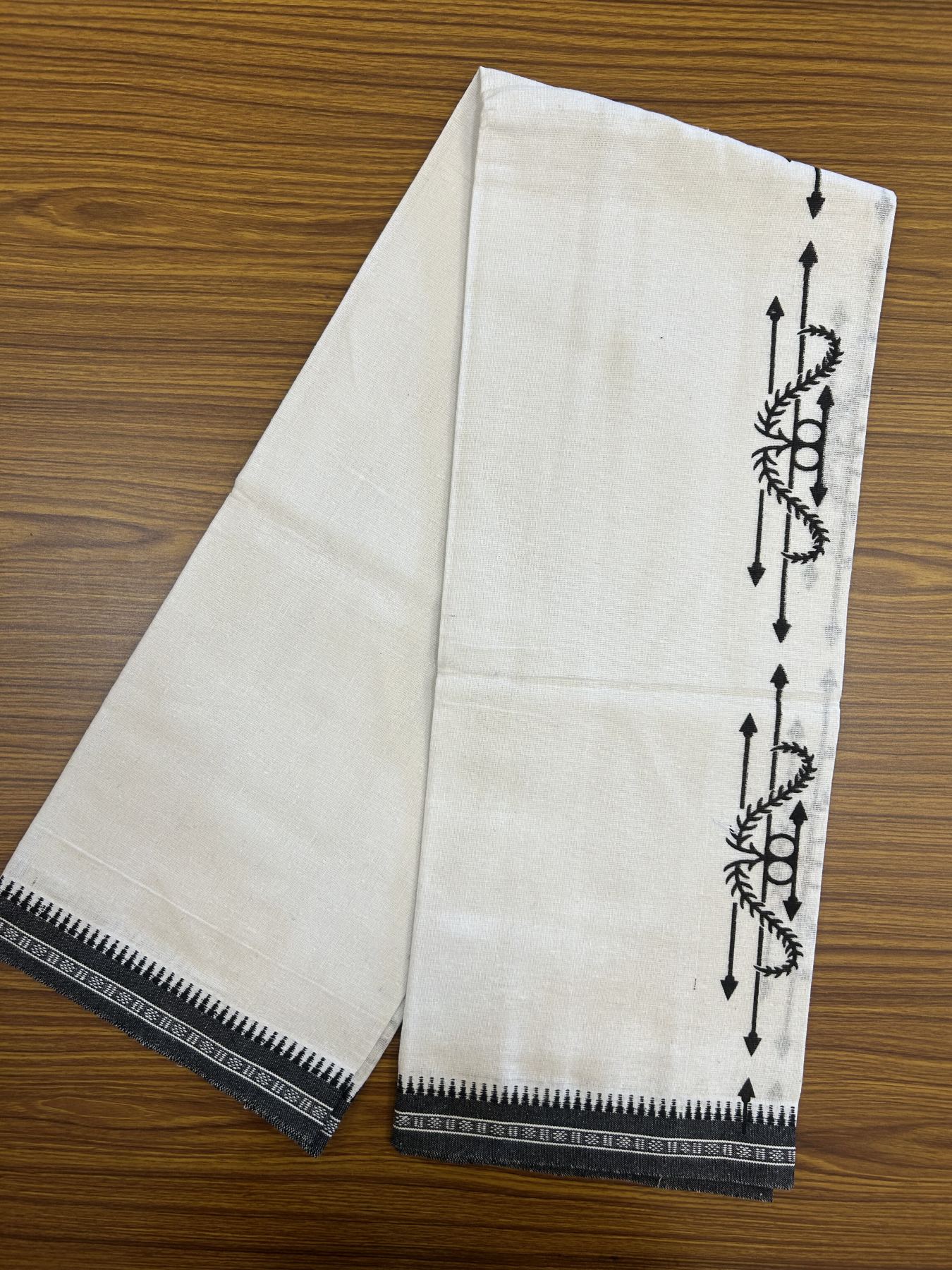 Kaitharikada - Polyster + Cotton - 40s twisted - Pure white Single Kaily / Lungi - 1.5 inch Black  Printed Kuppadam Border with White colour body (2 meter / 4 muzham) -  7 KK8041 GAN