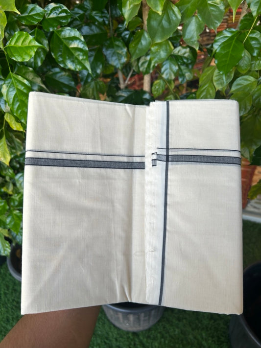 20% DISCOUNT! KaithariKada Balaramapuram 100% Cotton Double Off white - (Unbleached) - Mundu/Dhoti- 100x100 - 0.25 inch Black Shaded Thin Kara - 4 mtr ( 8.5 muzham)- 9KK5228 ASH