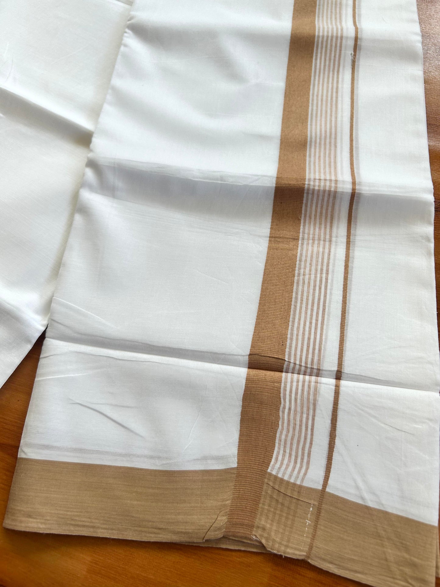 Pure White Double Mundu/Dhoti - 20% Discount ! Kaitharikada Balaramapuram 100% Cotton - 100x80 - 1.5 inch Peach Brown Shaded Stripes Kara 3.80 mtr (8 muzham) - 103 KK5452 THI