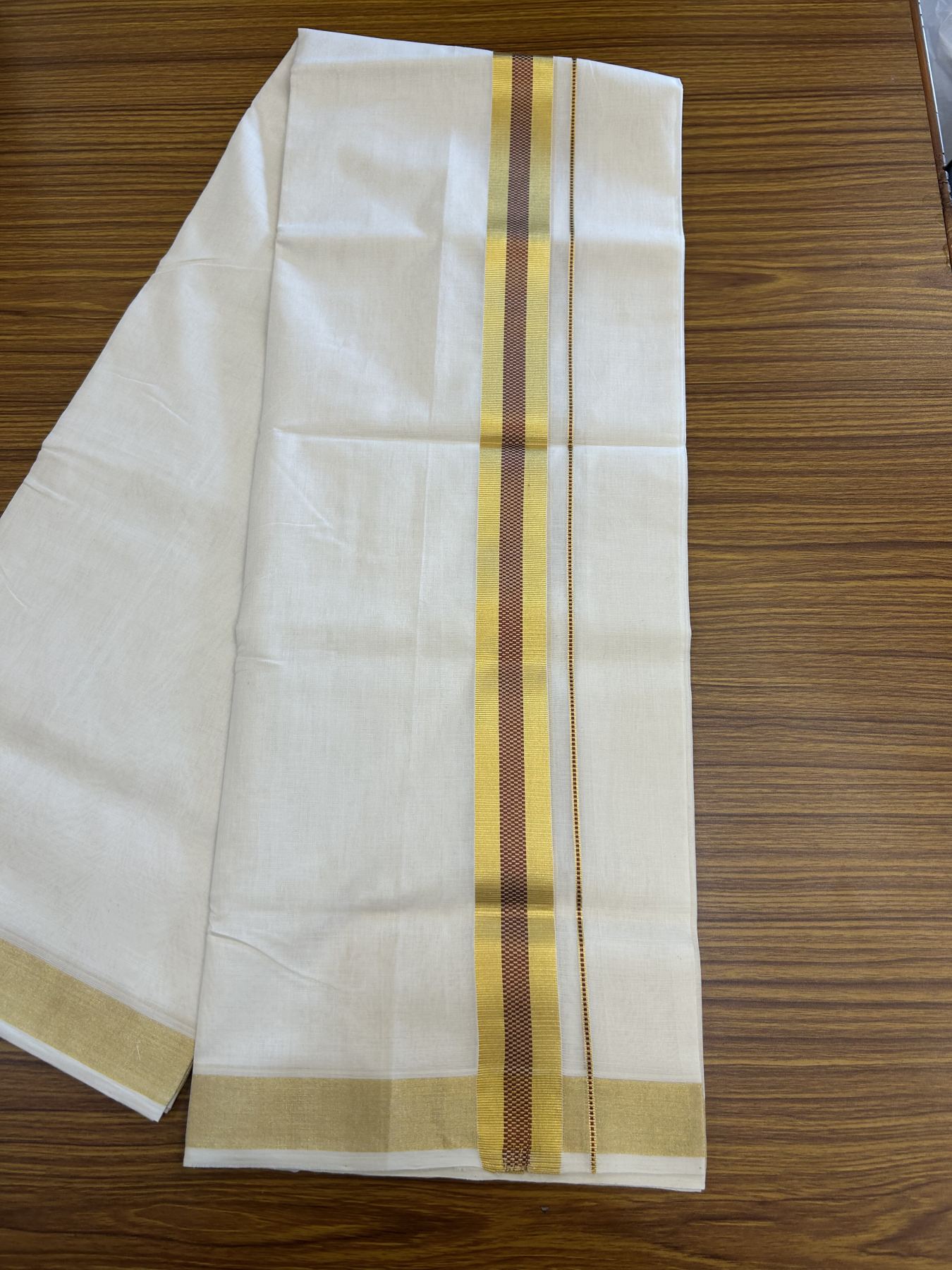 25% Discount ! KaithariKada Handloom Unakkupaav  Kerala Handloom - Pure Cotton Off White - (Unbleached) Double Mundu/Dhoti - (100X80) - 1.5 inch Gold Kasav & Maroon Jacquard Design Kara - 4 mtr (8.5 Muzham)- 19 KK5342 ABH