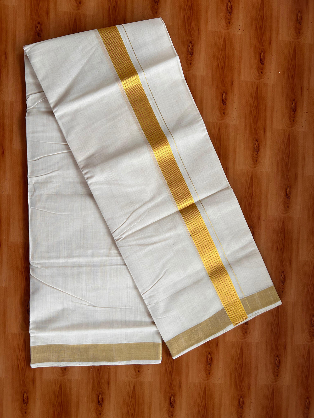 25% Discount KaithariKada Handloom Unakkupaav - Kerala Handloom - 100% Pure Cotton off white (Unbleached) Double Mundu/Dhoti - (80X90) - 1.25 inch Gold Kasav & Pink Striped Kara 3.75 mtr (8 muzham) - 2 KK5524 ELA