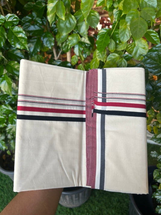 ADMK VESHTI - 20% DISCOUNT! KaithariKada 100% Cotton off white Double - (Unbleached) Mundu/Dhoti - 100X100 - 1 inch Black White & Maroon Red kara - 8KK5228 ASH