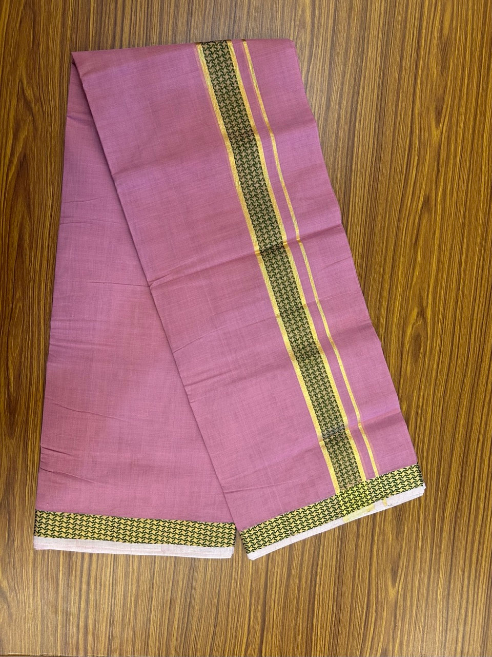 25% Discount! KaithariKada Handloom Unakkupaav Balaramapuram - 100% Cotton Double Mundu/Dhoti - Dark Onion Pink Colour Body - 1.75 inch Gold Kasav & Green Jacquard Design Kara - 9 KK5267 ABH