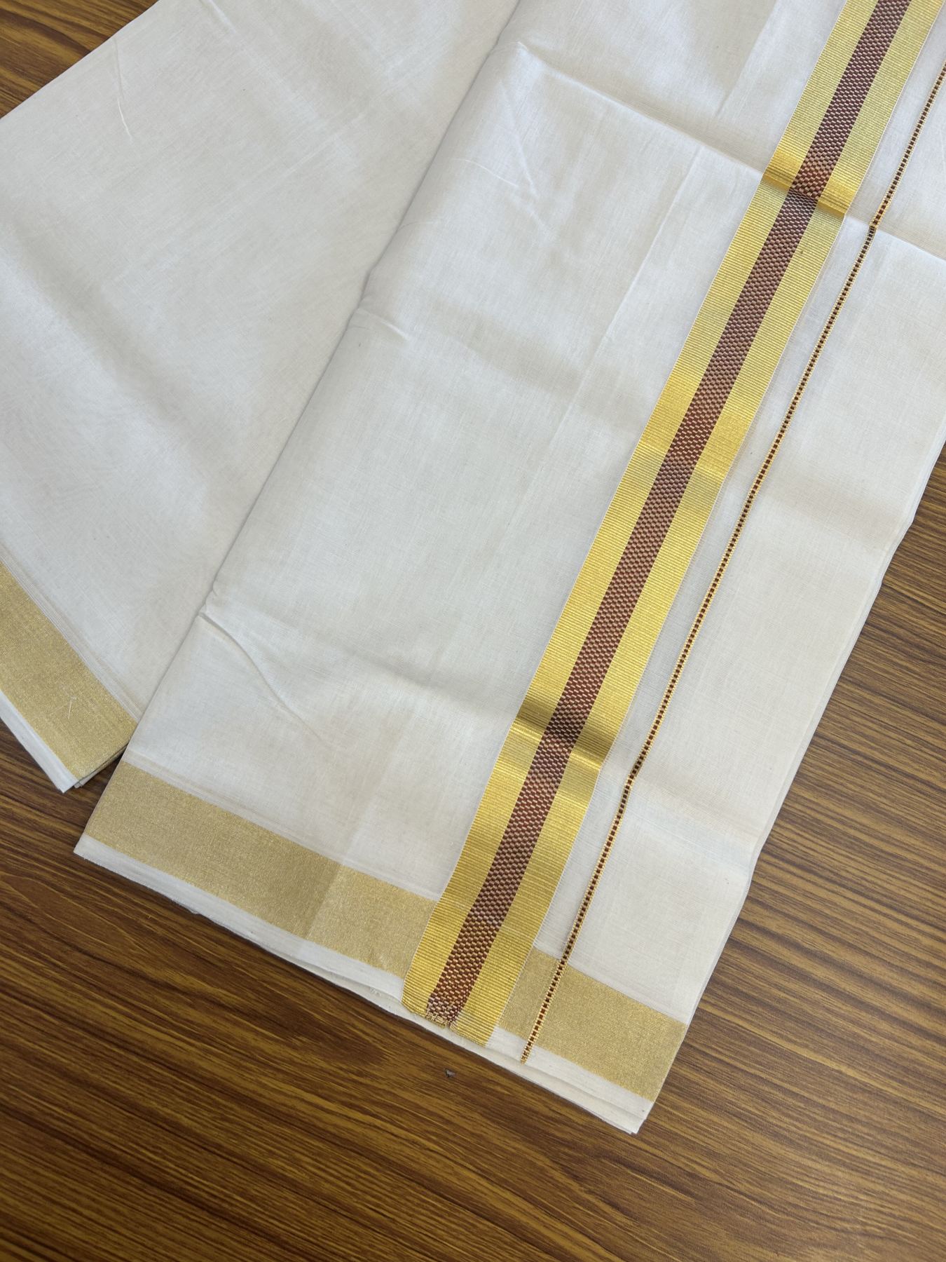 25% Discount ! KaithariKada Handloom Unakkupaav  Kerala Handloom - Pure Cotton Off White - (Unbleached) Double Mundu/Dhoti - (100X80) - 1.5 inch Gold Kasav & Maroon Jacquard Design Kara - 4 mtr (8.5 Muzham)- 19 KK5342 ABH