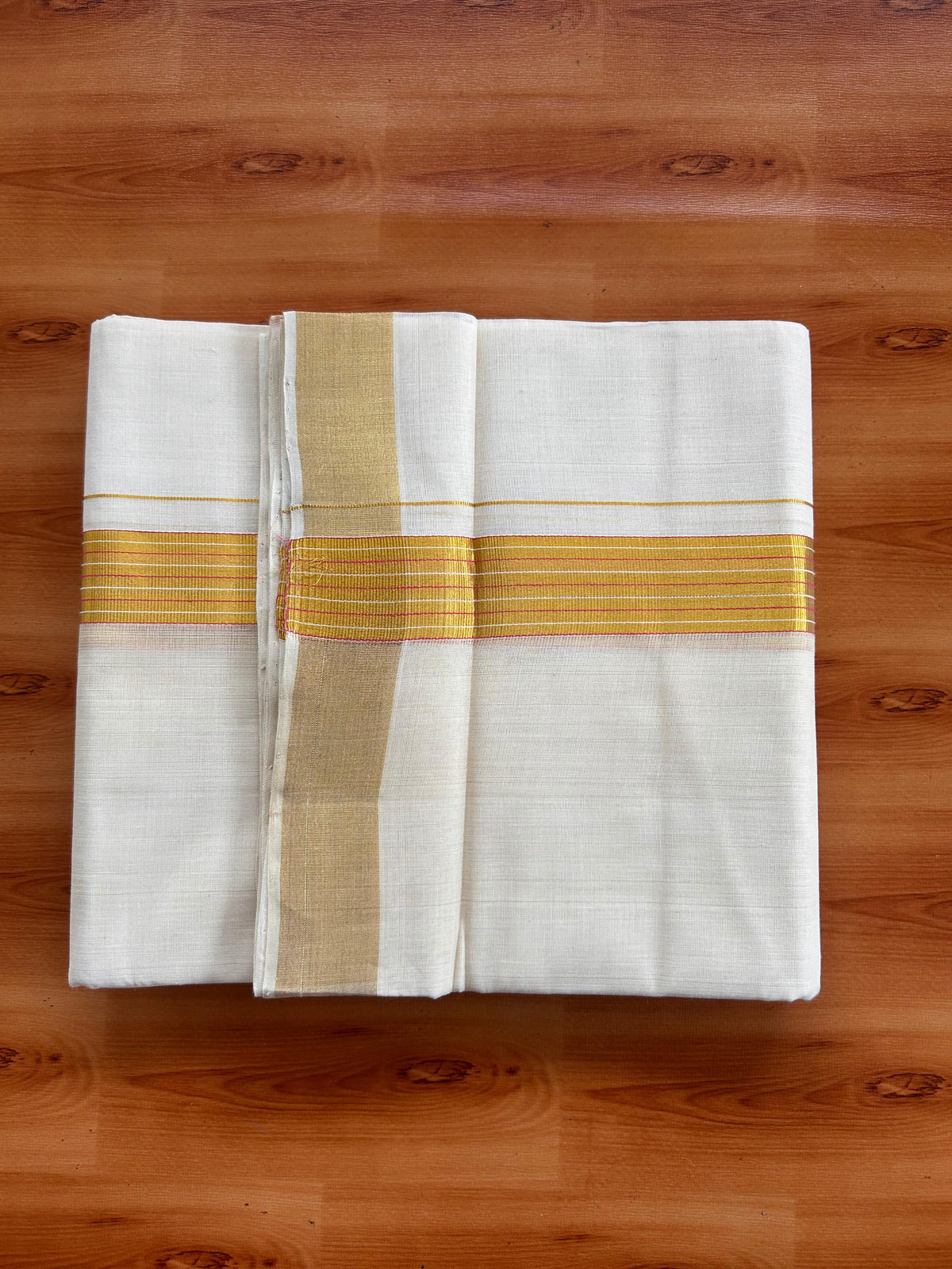 25% Discount KaithariKada Handloom Unakkupaav - Kerala Handloom - 100% Pure Cotton off white (Unbleached) Double Mundu/Dhoti - (80X90) - 1.25 inch Gold Kasav & Pink Striped Kara 3.75 mtr (8 muzham) - 3 KK5524 ELA